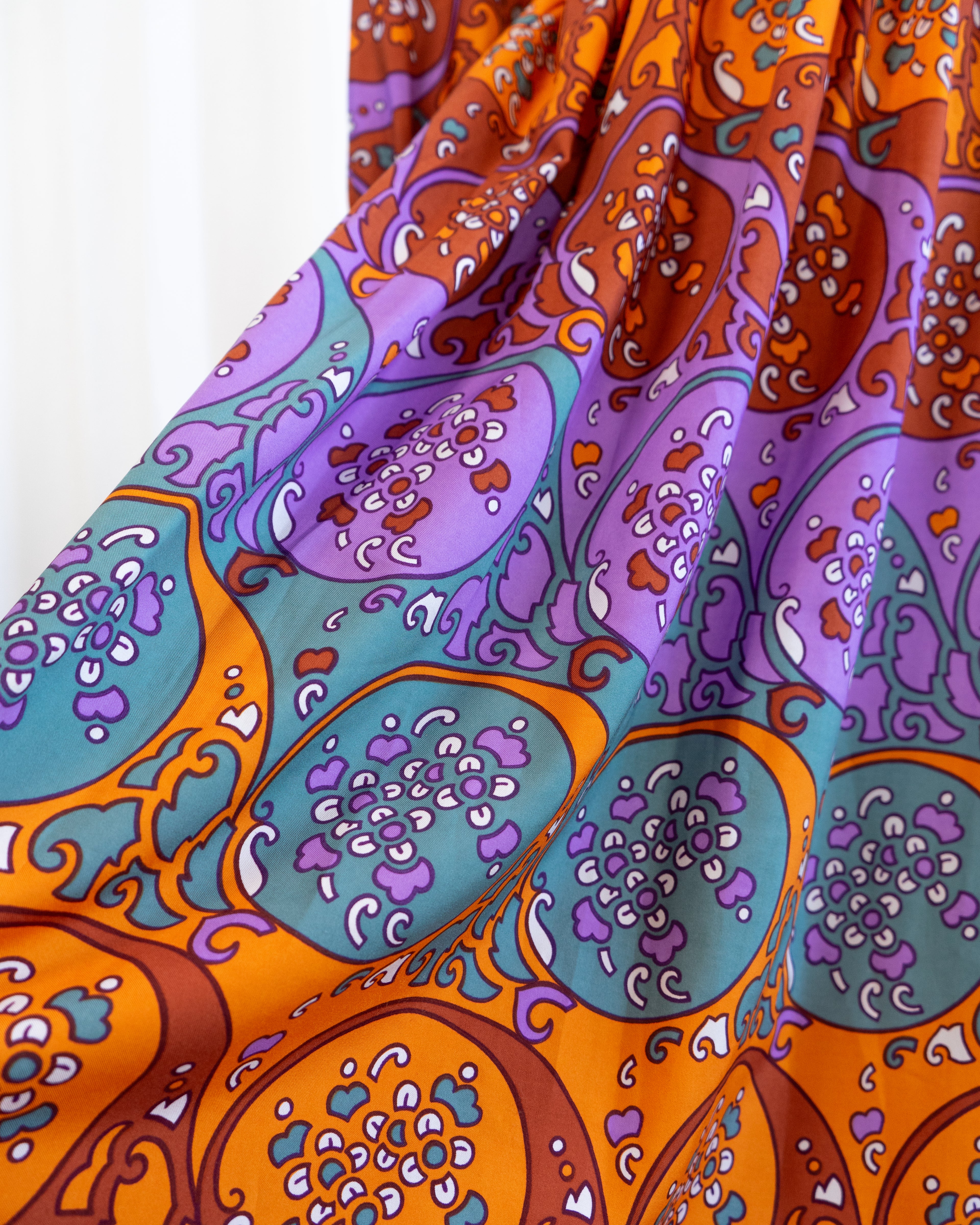 70s Susan Small Art Nouveau Purple Orange Print Belted Maxi