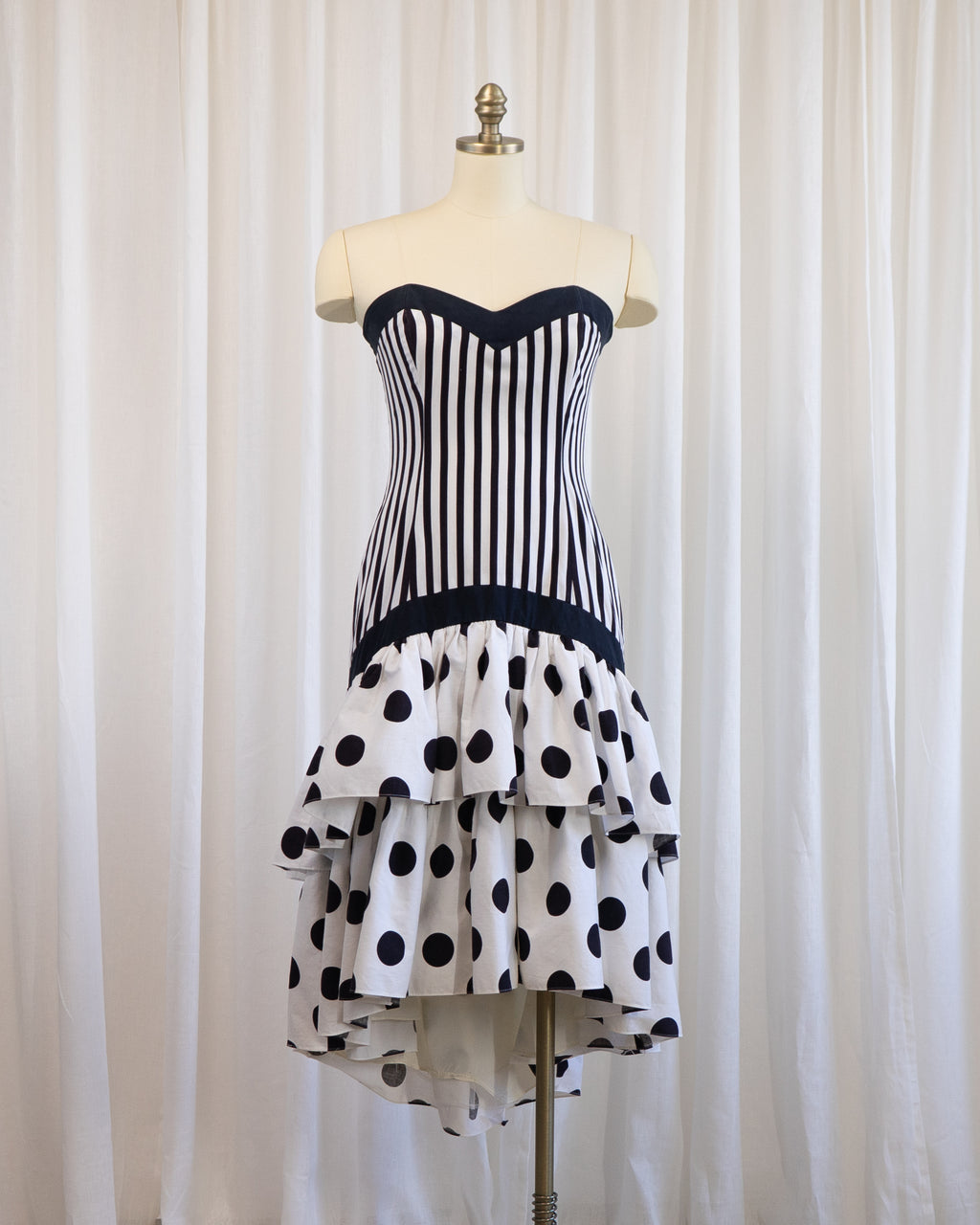 80s Nancy Bracoloni Strapless Sweet Heart Black White Polka Dots & Stripes Party Dress