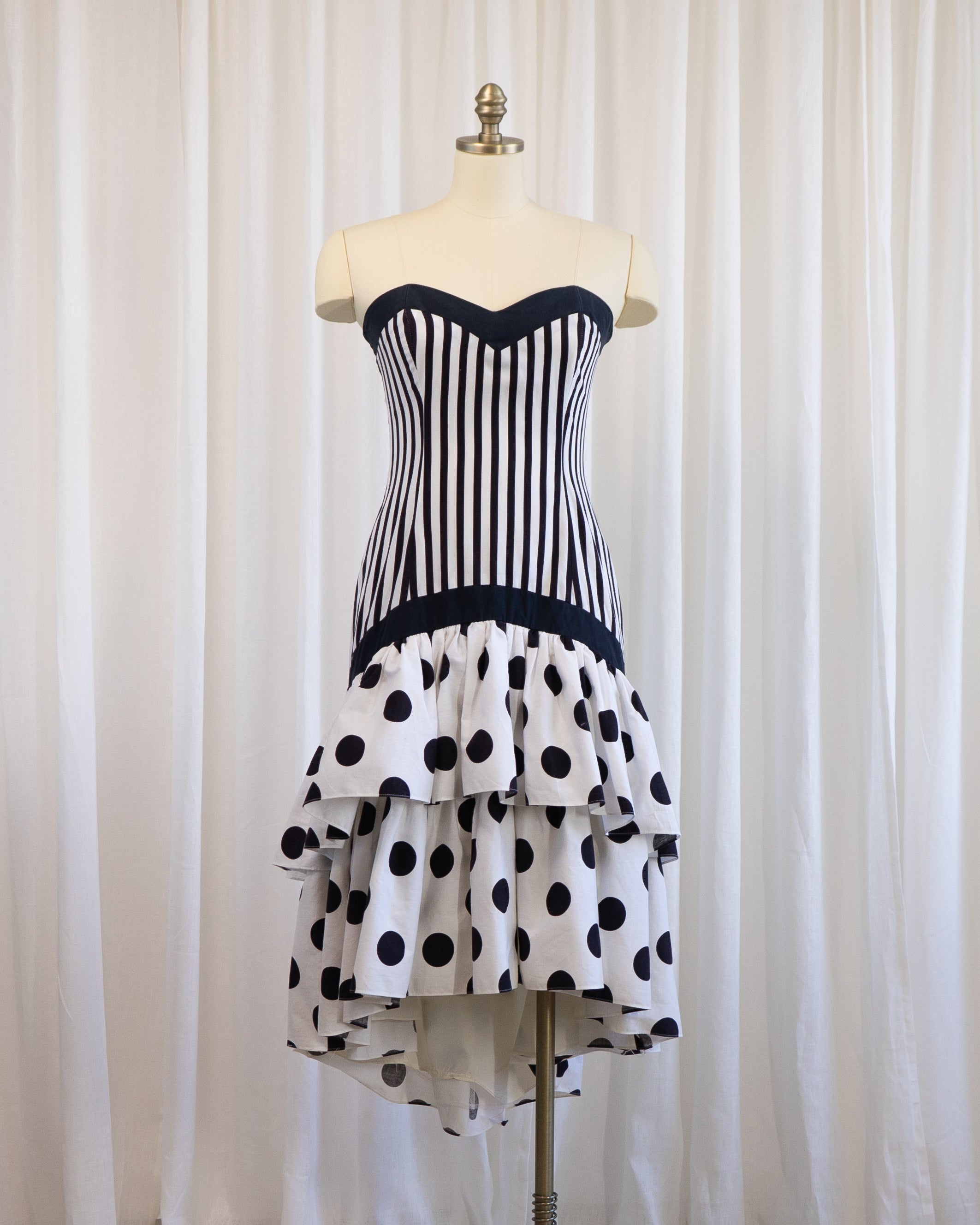 80s Nancy Bracoloni Strapless Sweet Heart Black White Polka Dots & Stripes Party Dress