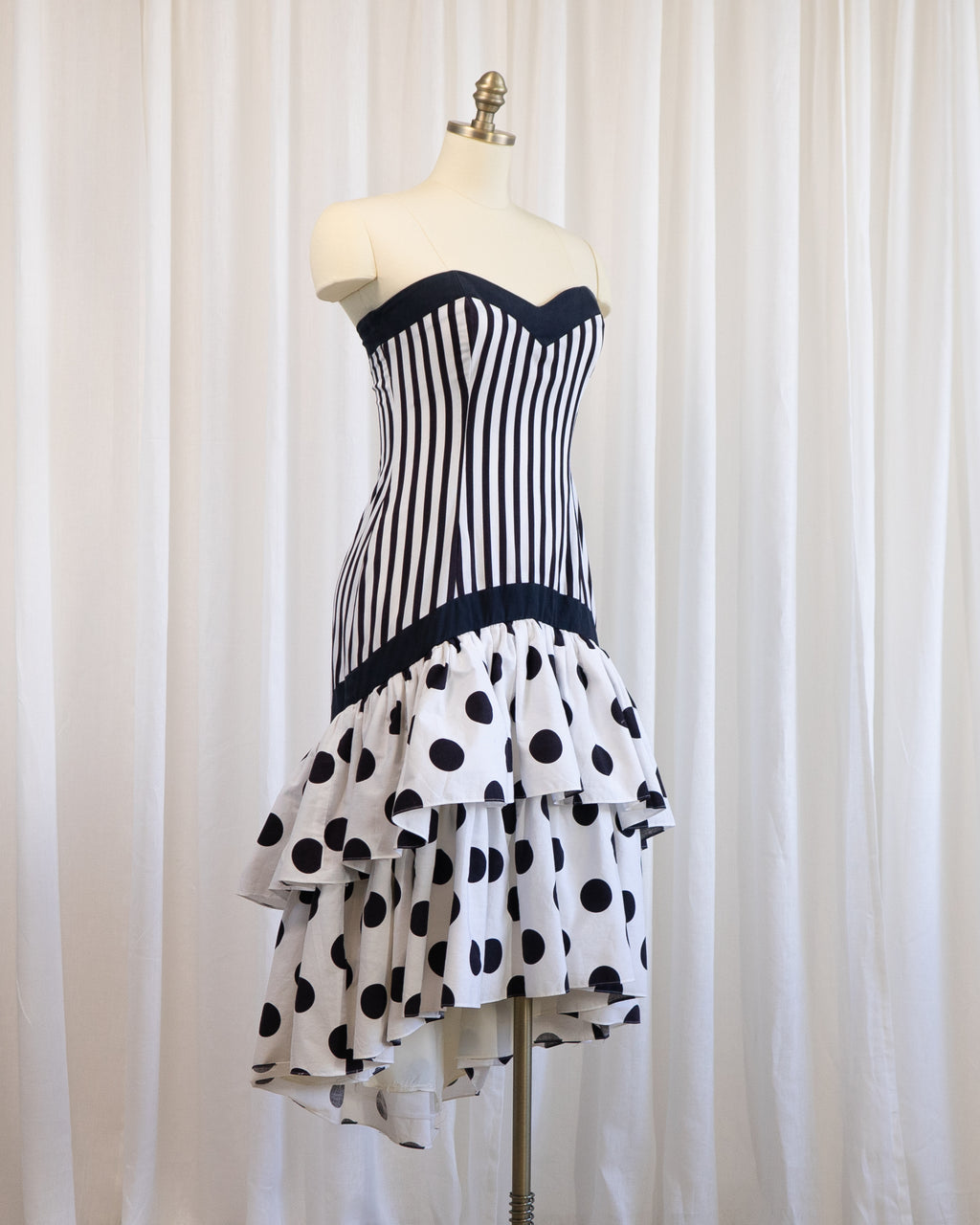 80s Nancy Bracoloni Strapless Sweet Heart Black White Polka Dots & Stripes Party Dress