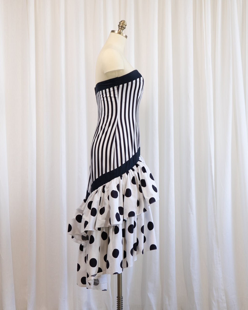 80s Nancy Bracoloni Strapless Sweet Heart Black White Polka Dots & Stripes Party Dress