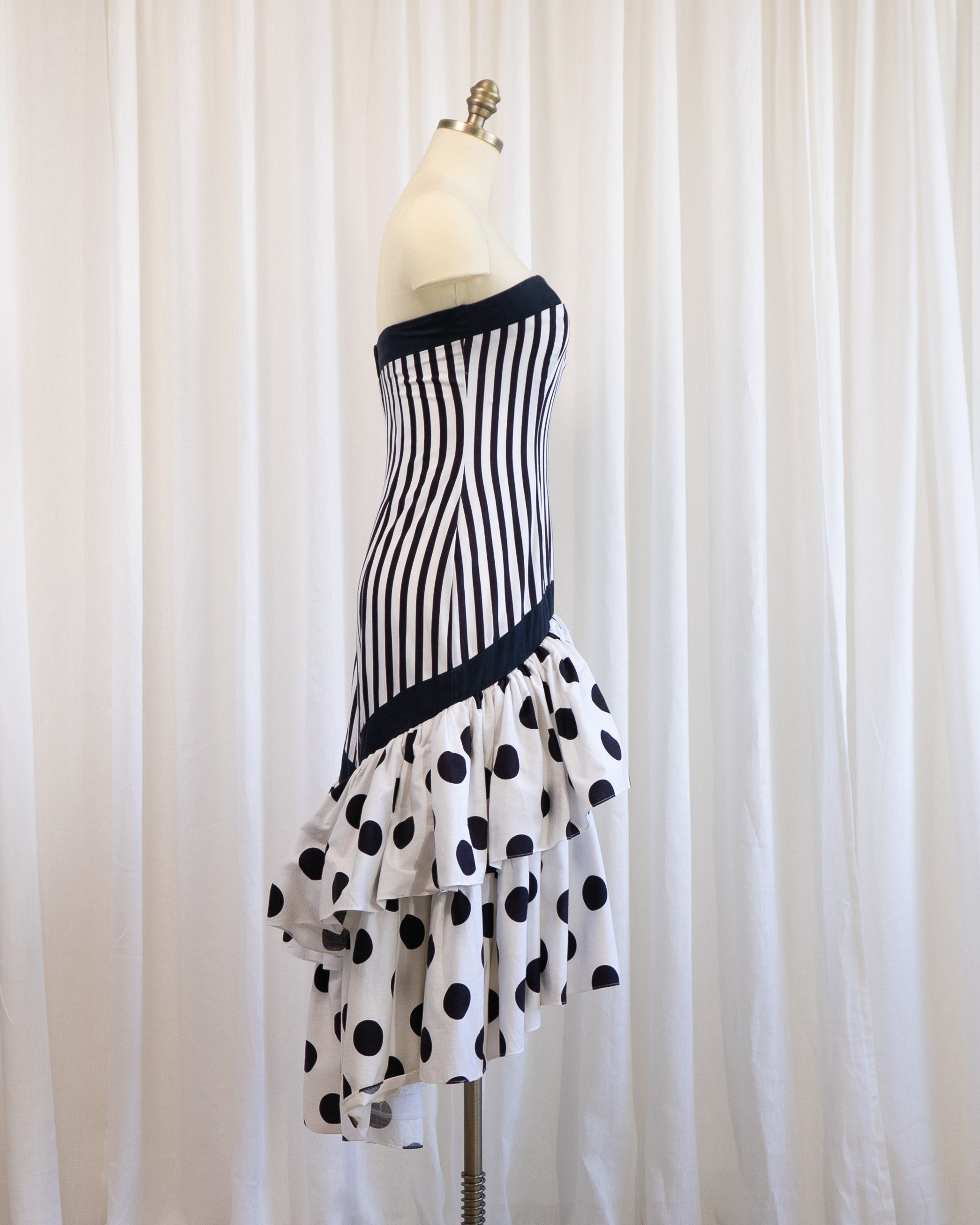 80s Nancy Bracoloni Strapless Sweet Heart Black White Polka Dots & Stripes Party Dress