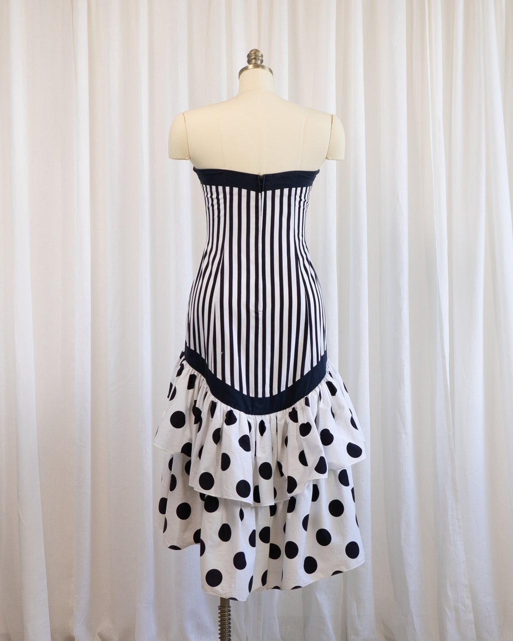80s Nancy Bracoloni Strapless Sweet Heart Black White Polka Dots & Stripes Party Dress