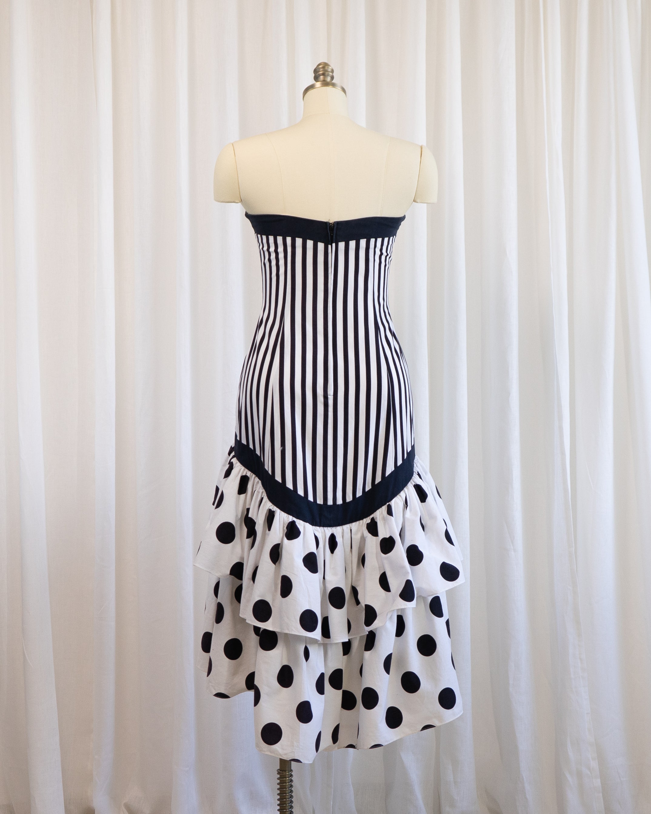 80s Nancy Bracoloni Strapless Sweet Heart Black White Polka Dots & Stripes Party Dress