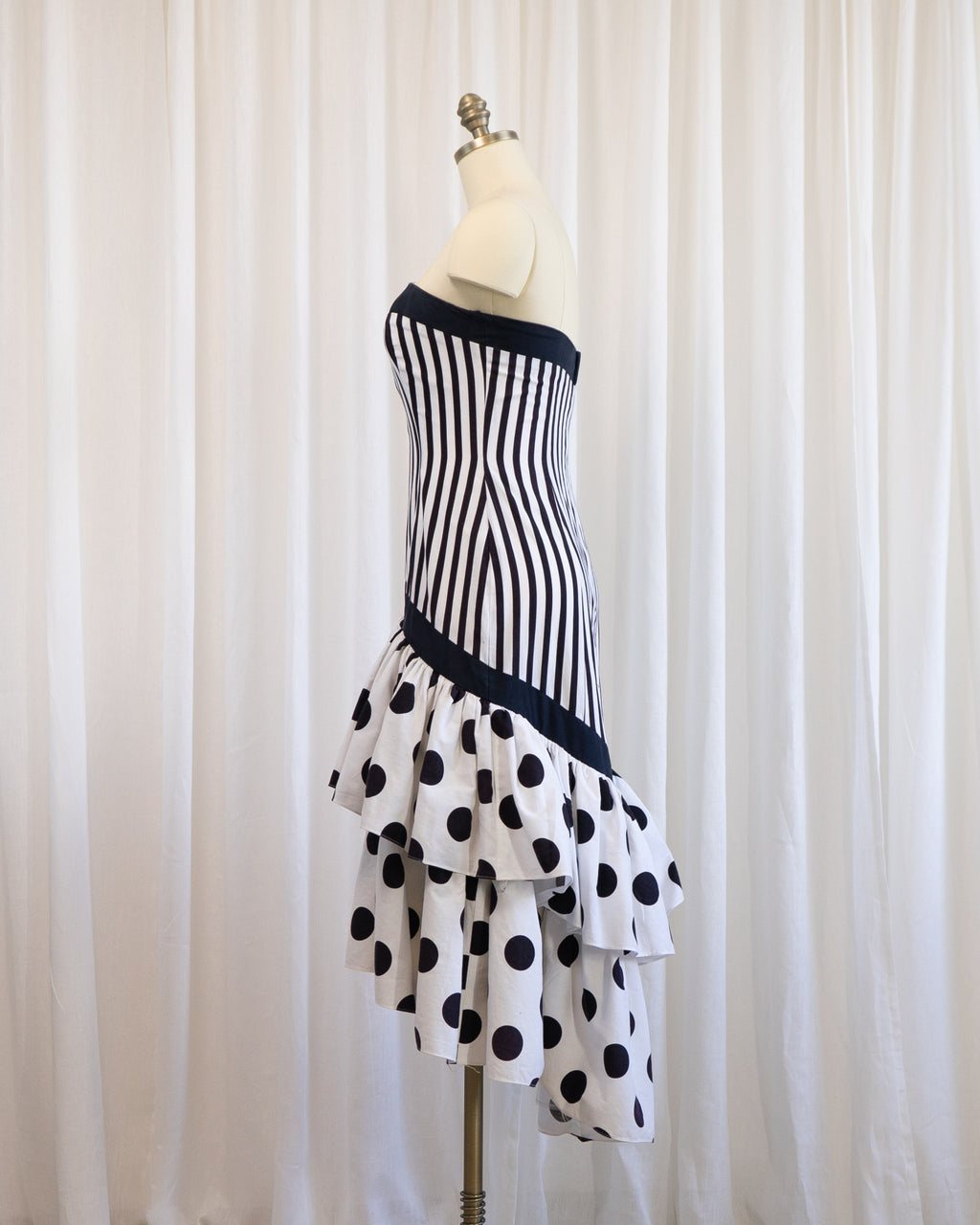 80s Nancy Bracoloni Strapless Sweet Heart Black White Polka Dots & Stripes Party Dress