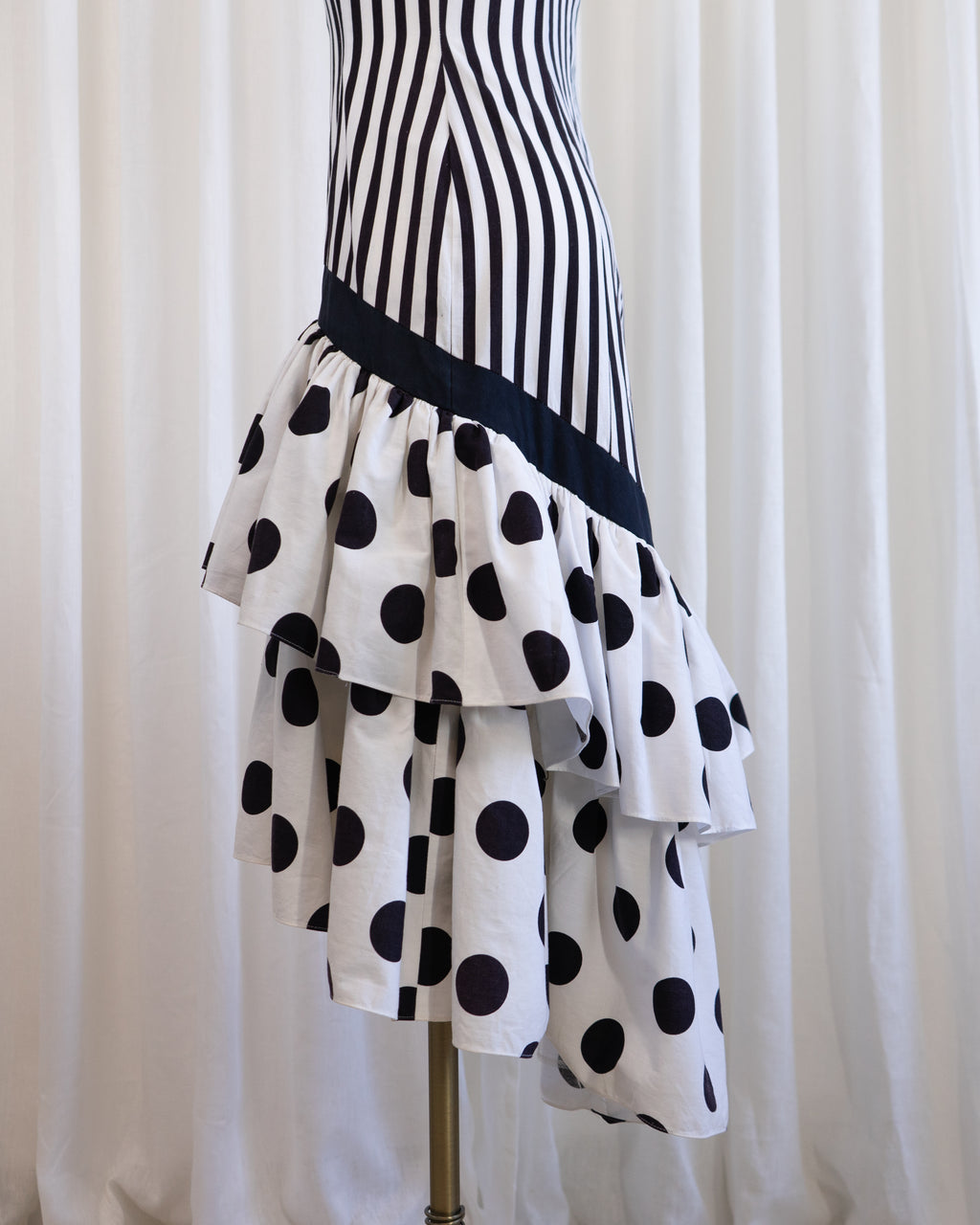 80s Nancy Bracoloni Strapless Sweet Heart Black White Polka Dots & Stripes Party Dress