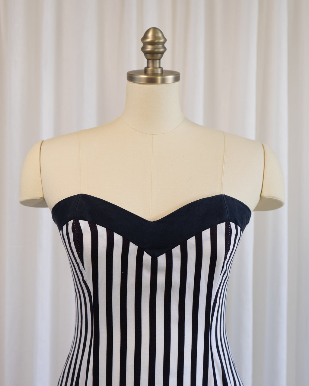 80s Nancy Bracoloni Strapless Sweet Heart Black White Polka Dots & Stripes Party Dress