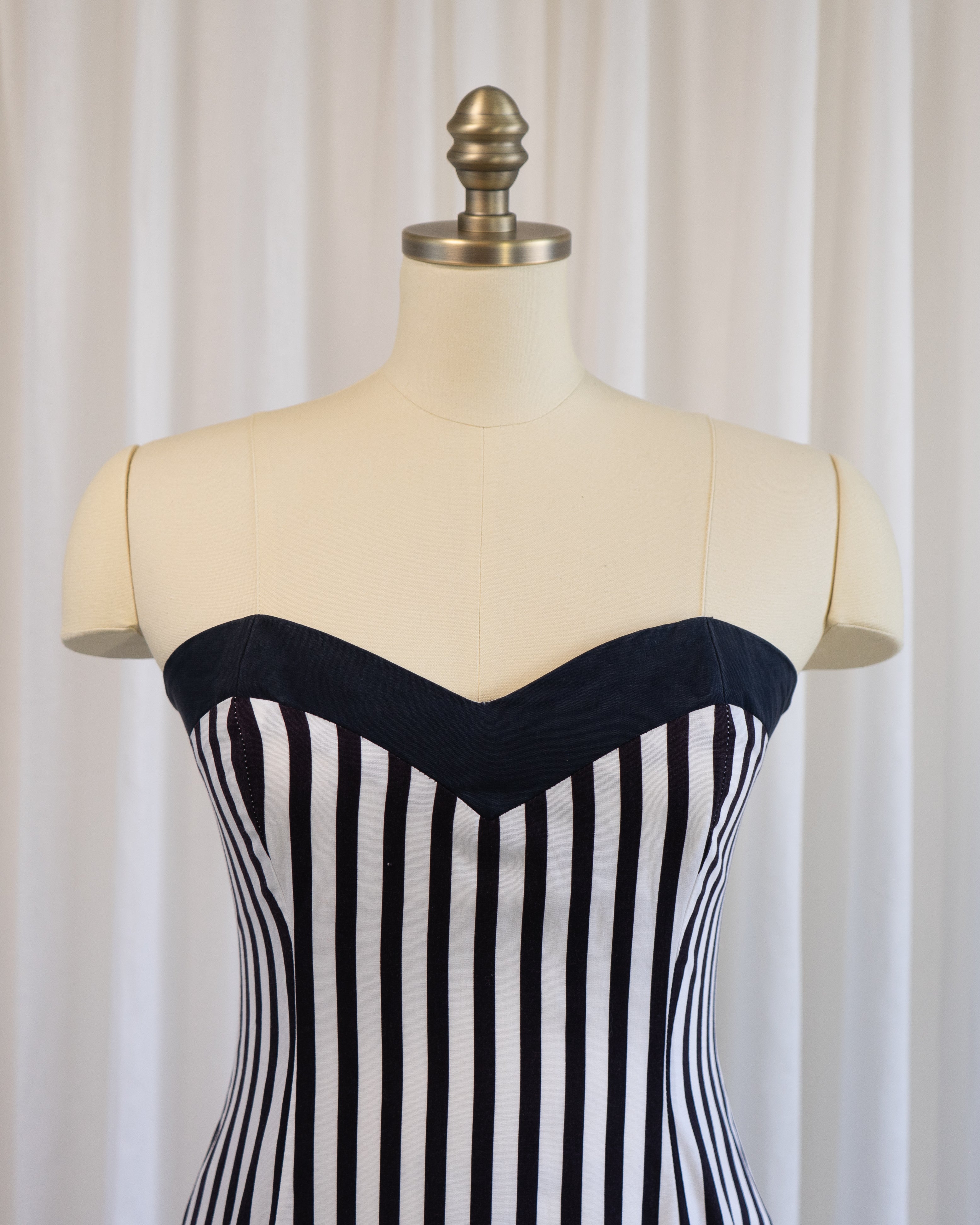 80s Nancy Bracoloni Strapless Sweet Heart Black White Polka Dots & Stripes Party Dress