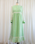70s Embossed Flowers Velvet Trim Maxi with Sheer Sleeves