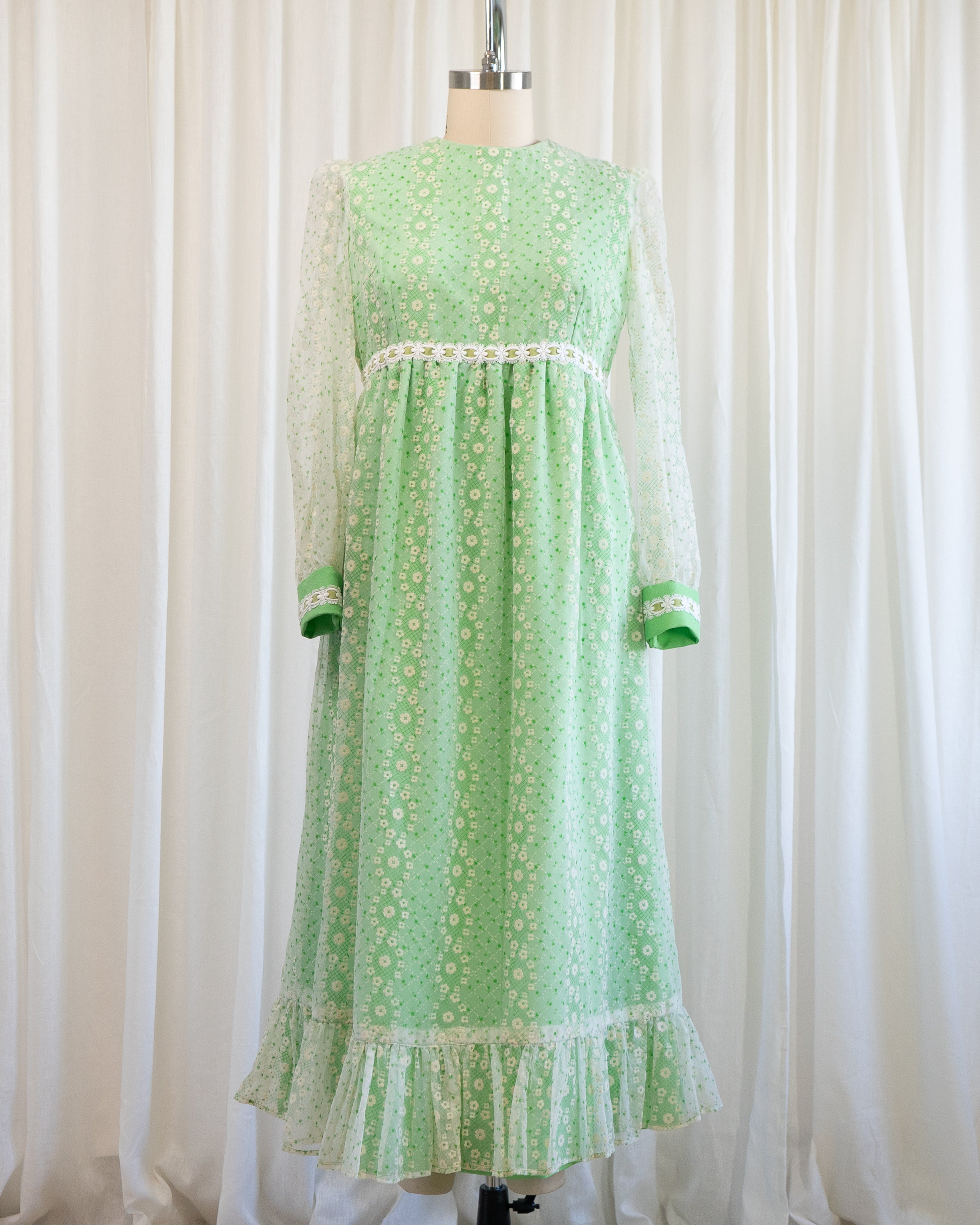 70s Embossed Flowers Velvet Trim Maxi with Sheer Sleeves