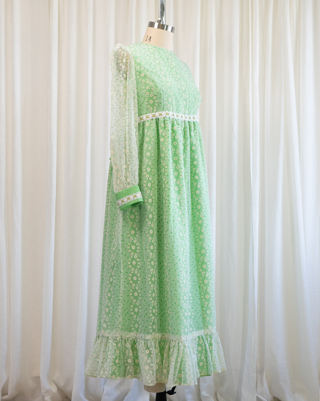 70s Embossed Flowers Velvet Trim Maxi with Sheer Sleeves