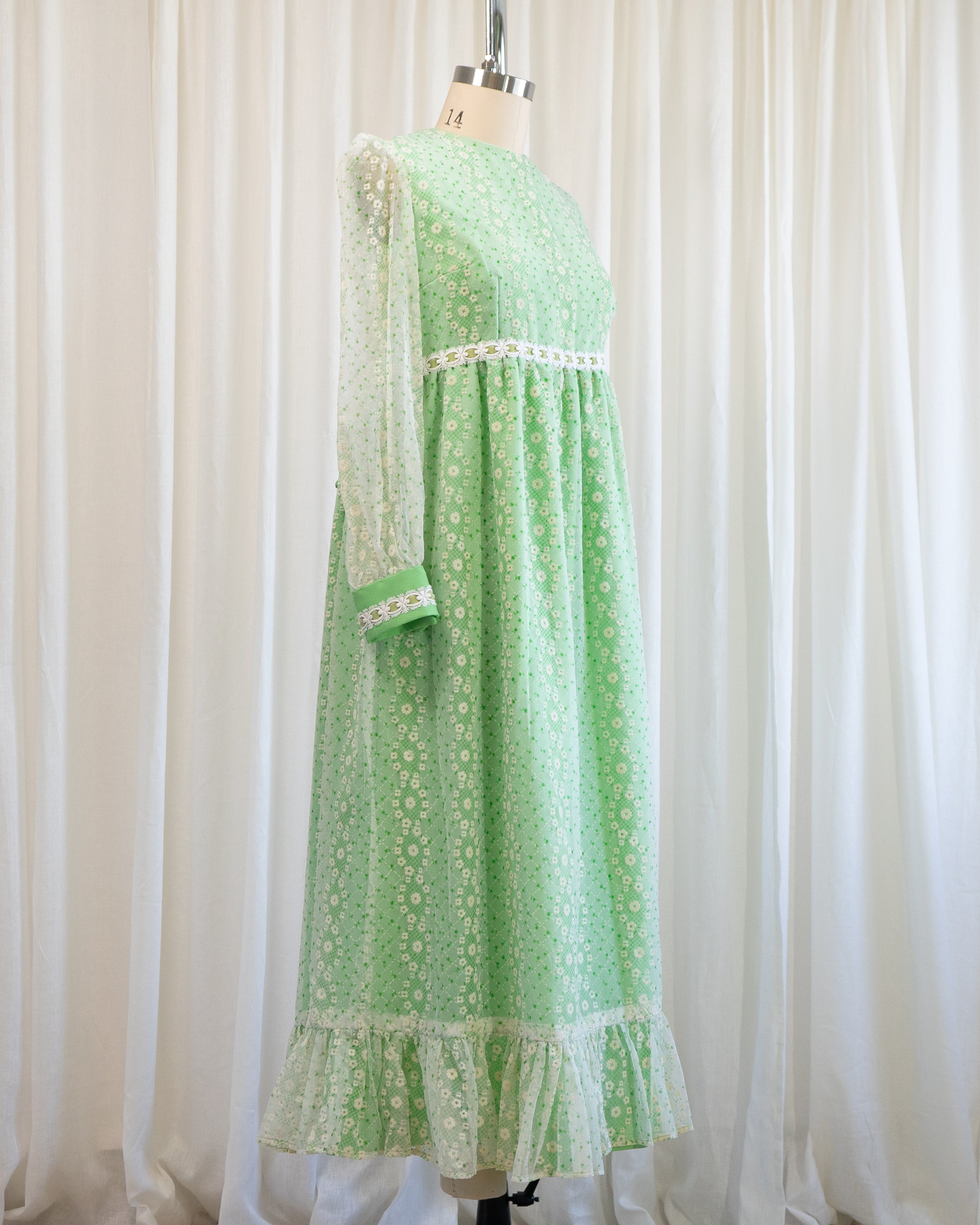 70s Embossed Flowers Velvet Trim Maxi with Sheer Sleeves