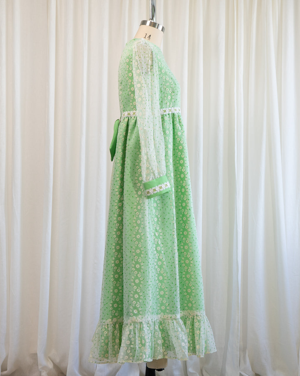 70s Embossed Flowers Velvet Trim Maxi with Sheer Sleeves