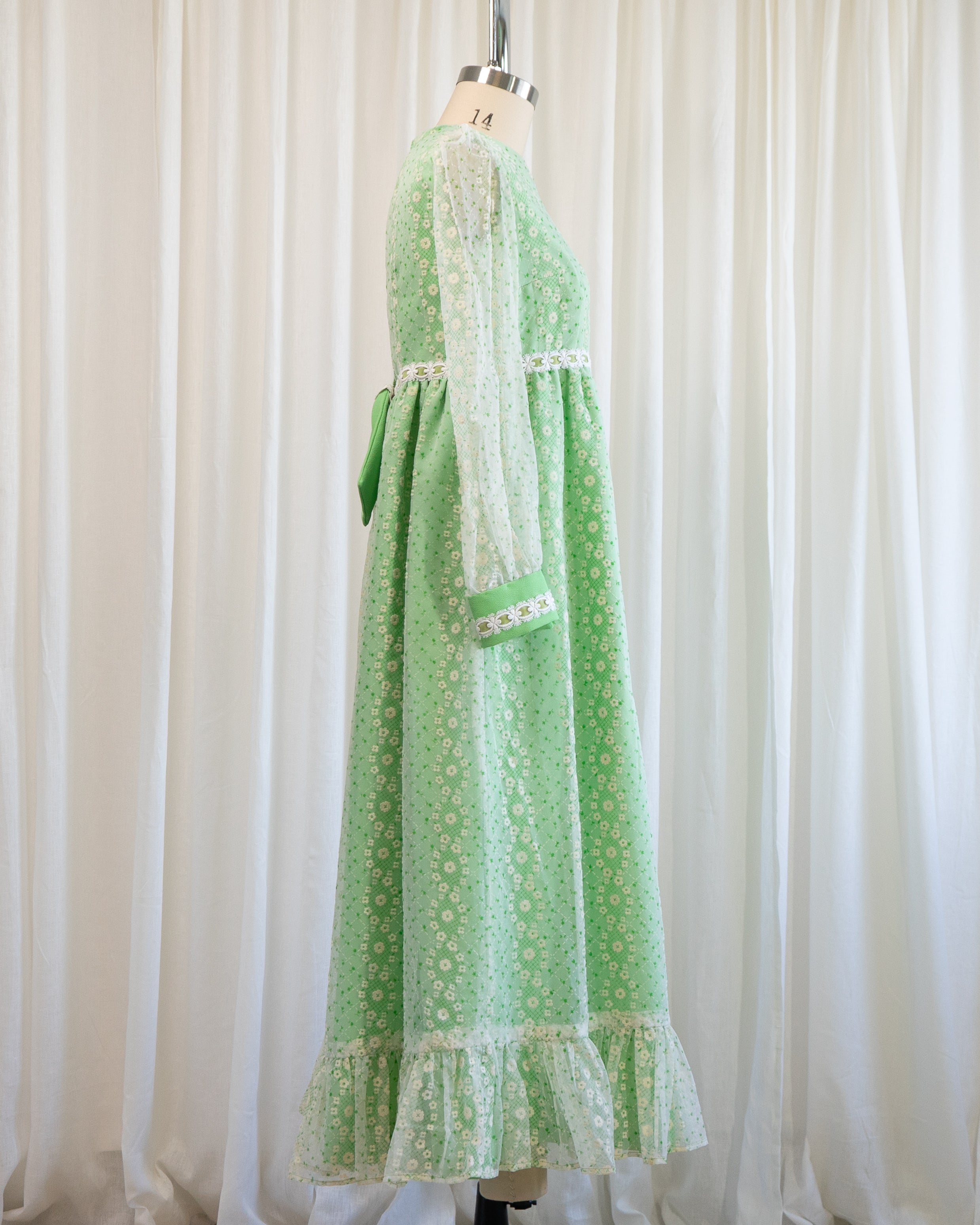 70s Embossed Flowers Velvet Trim Maxi with Sheer Sleeves