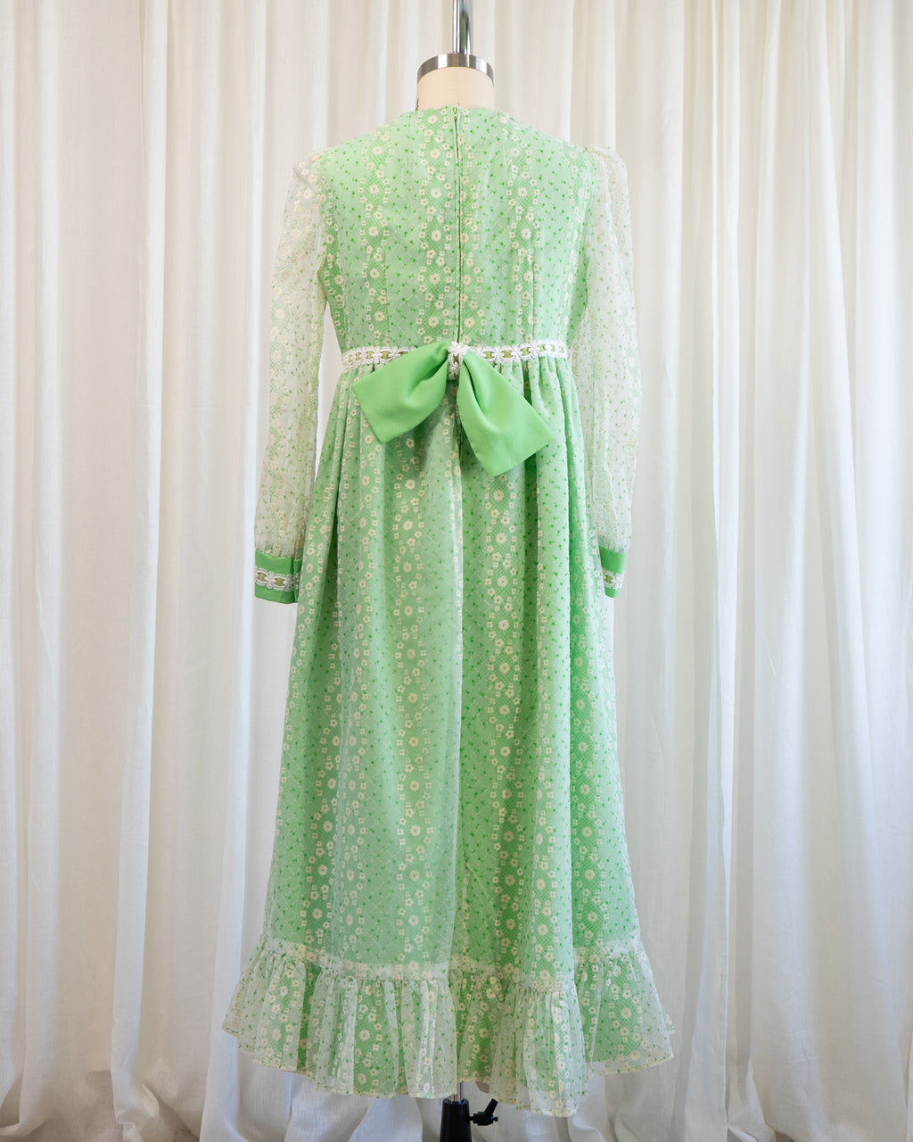 70s Embossed Flowers Velvet Trim Maxi with Sheer Sleeves