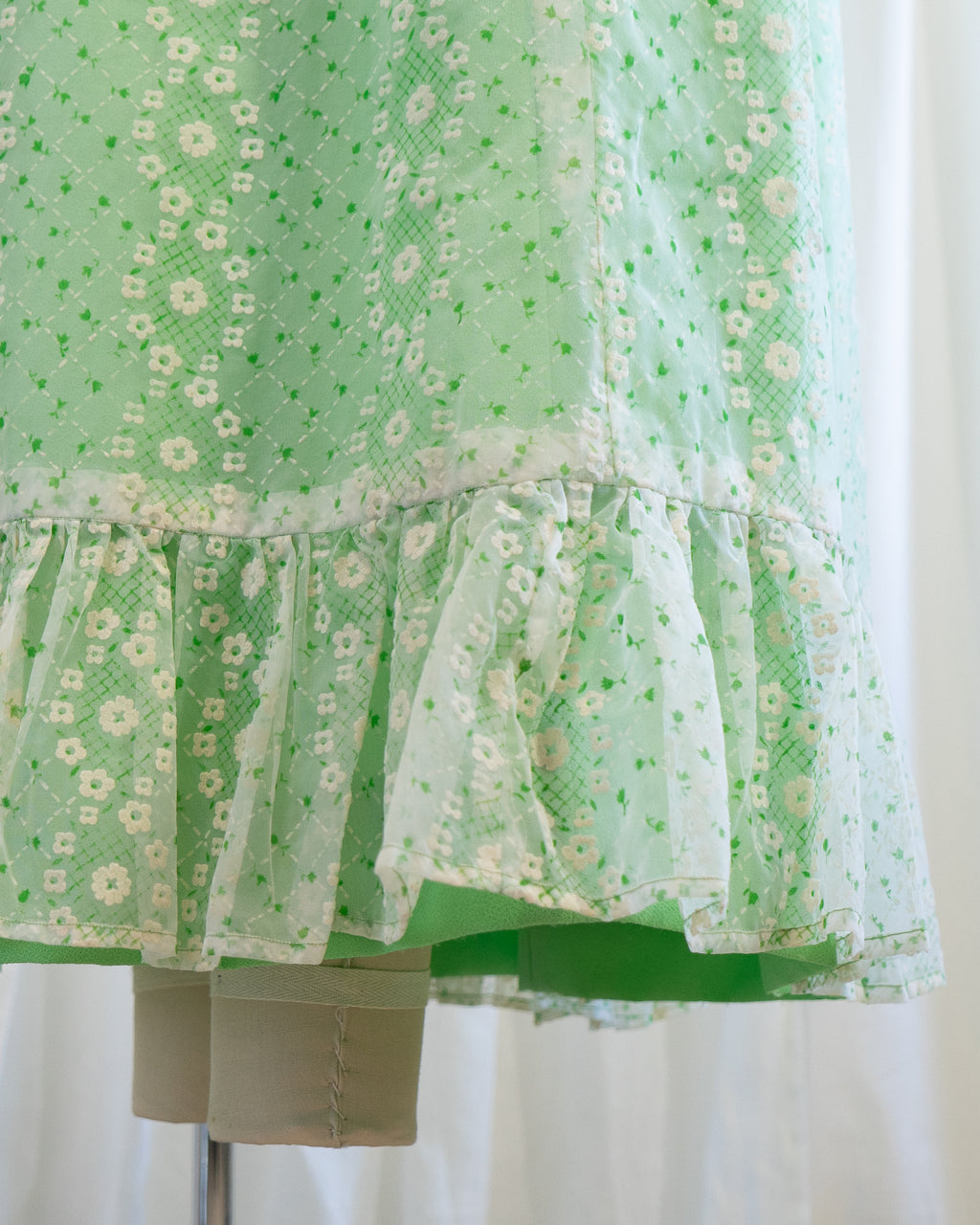 70s Embossed Flowers Velvet Trim Maxi with Sheer Sleeves