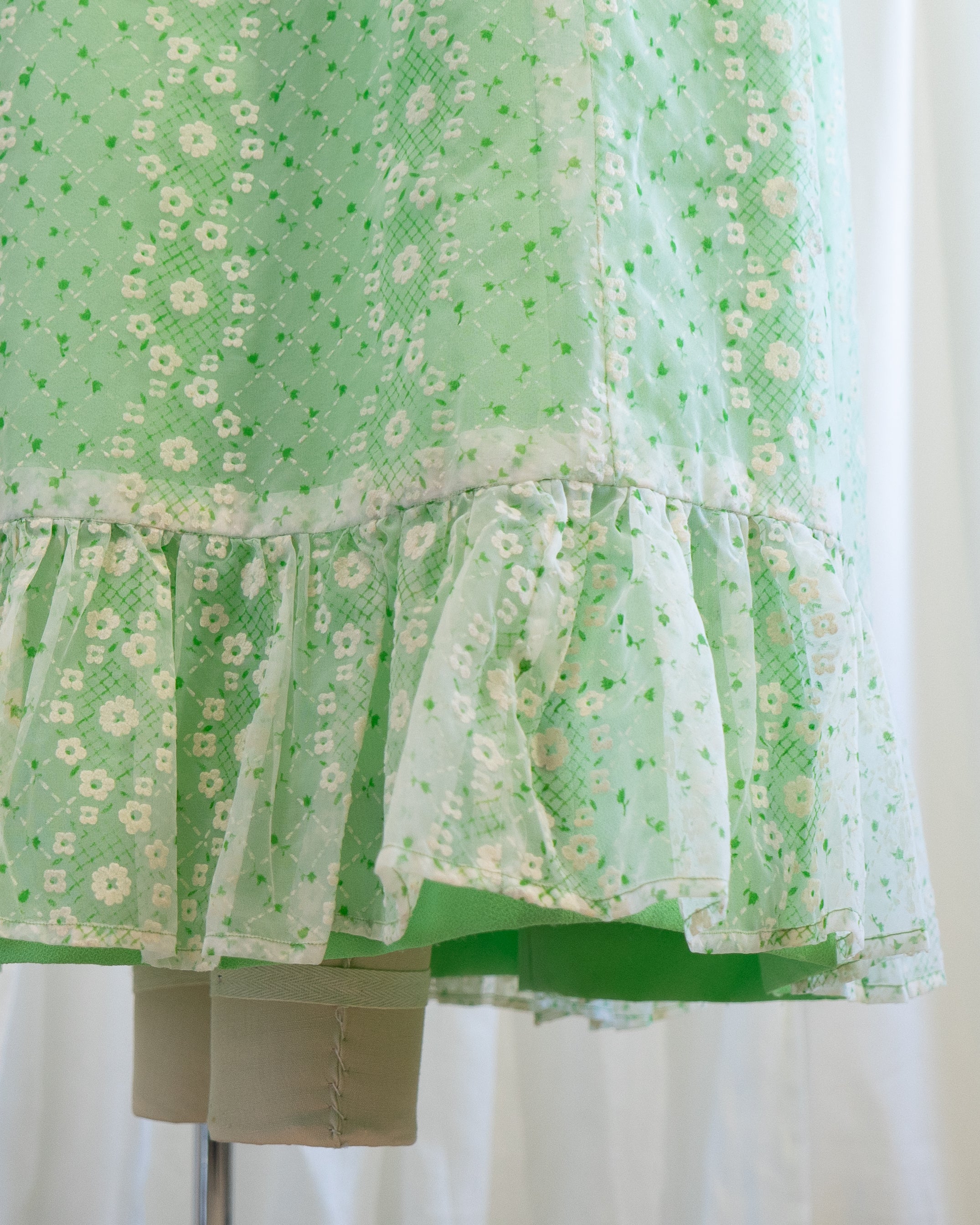 70s Embossed Flowers Velvet Trim Maxi with Sheer Sleeves