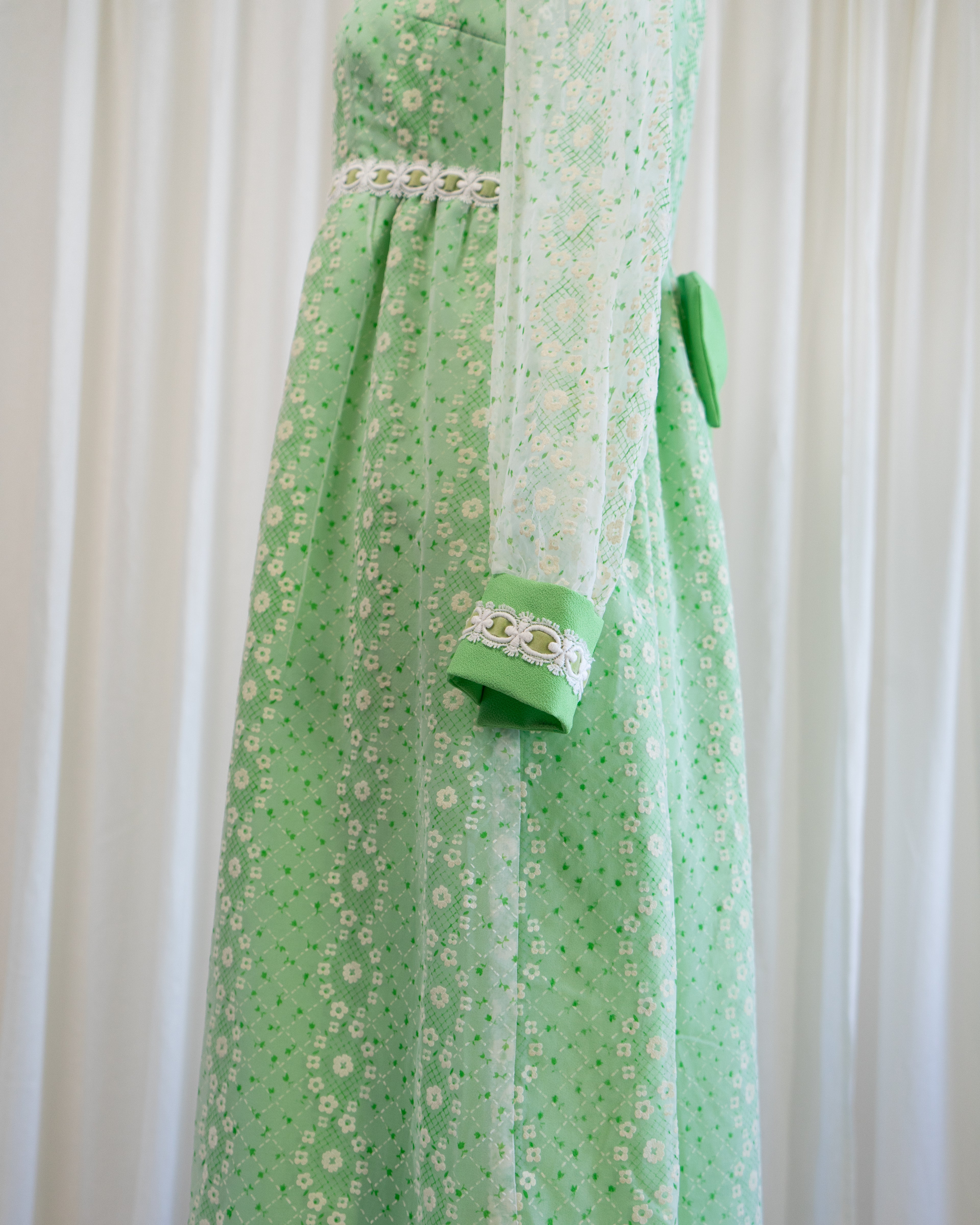 70s Embossed Flowers Velvet Trim Maxi with Sheer Sleeves