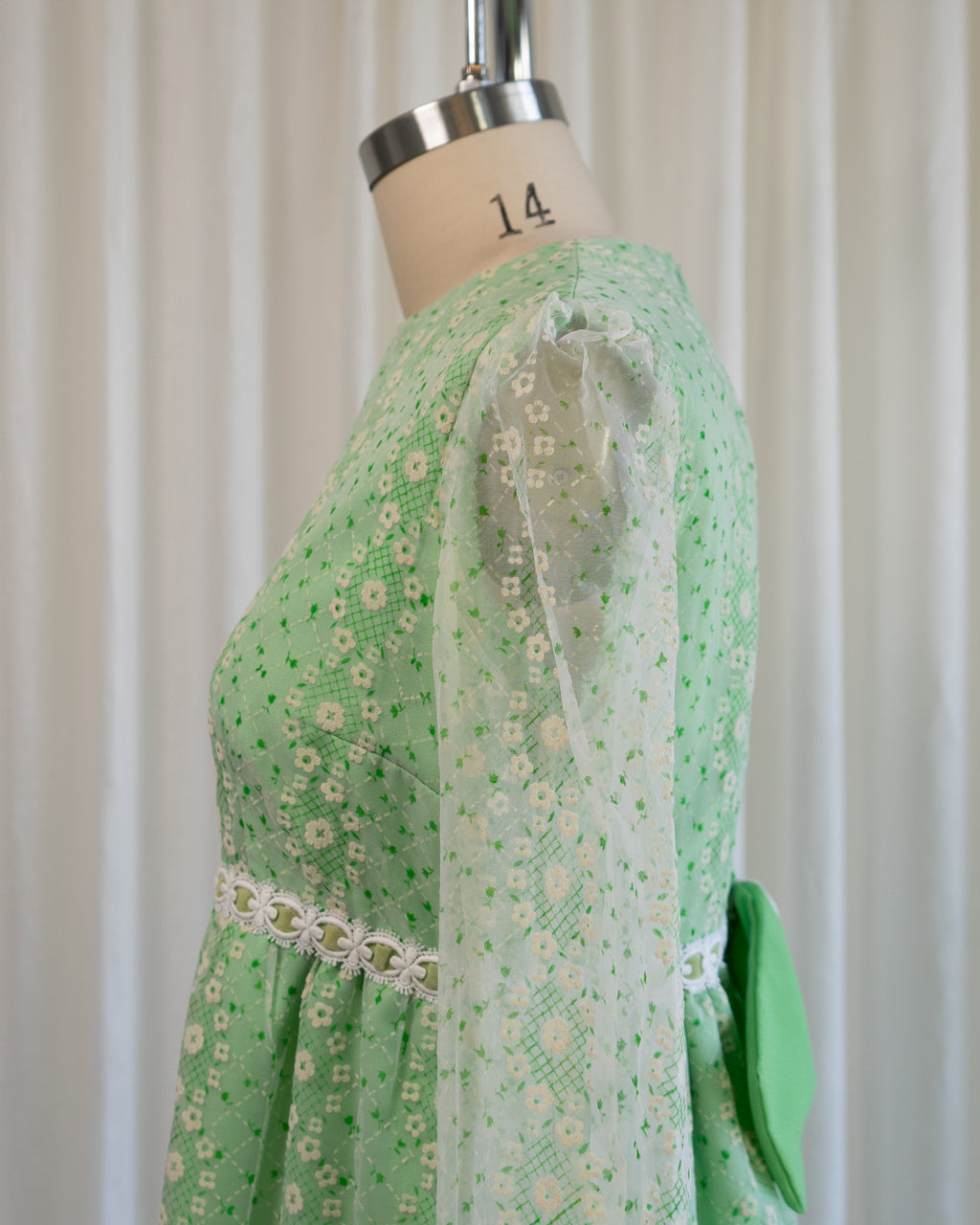 70s Embossed Flowers Velvet Trim Maxi with Sheer Sleeves