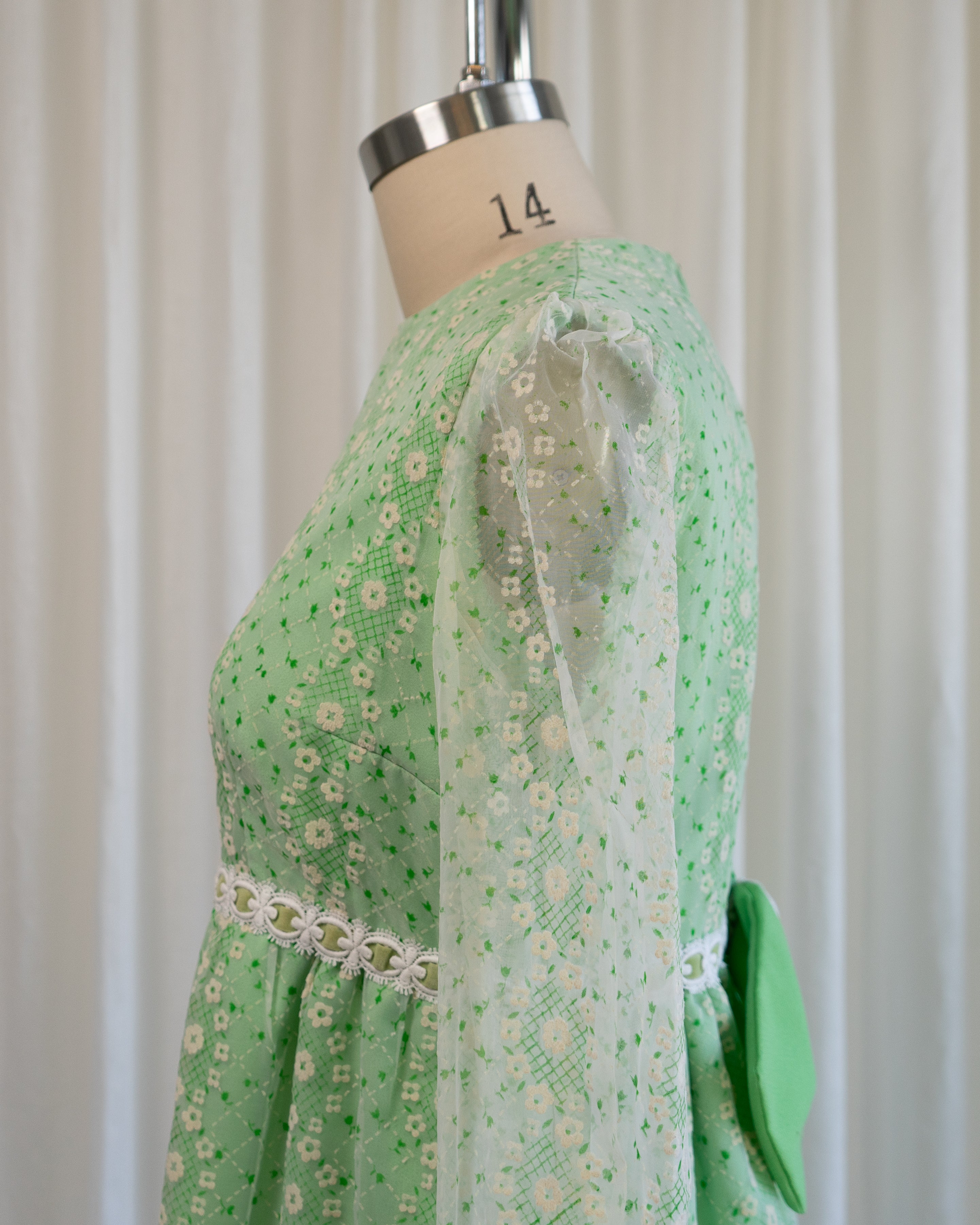 70s Embossed Flowers Velvet Trim Maxi with Sheer Sleeves