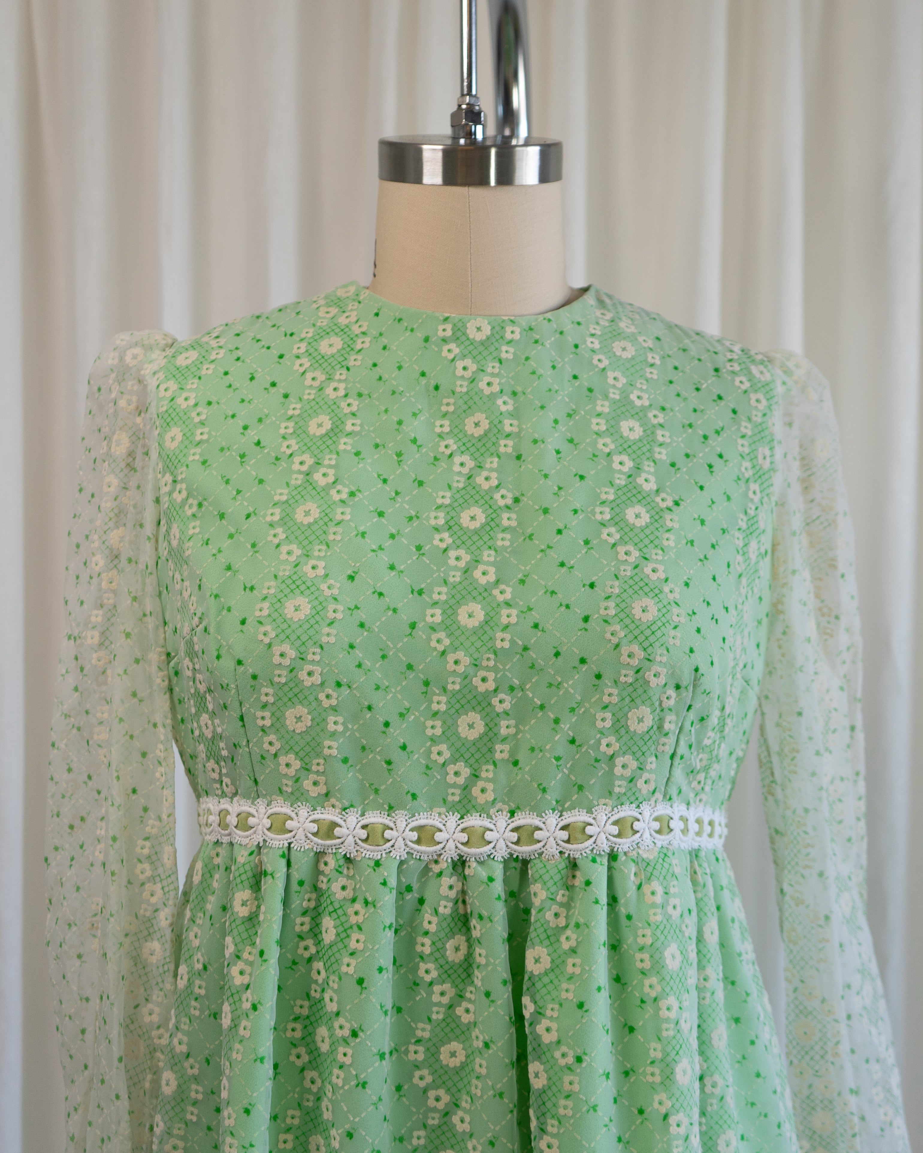 70s Embossed Flowers Velvet Trim Maxi with Sheer Sleeves