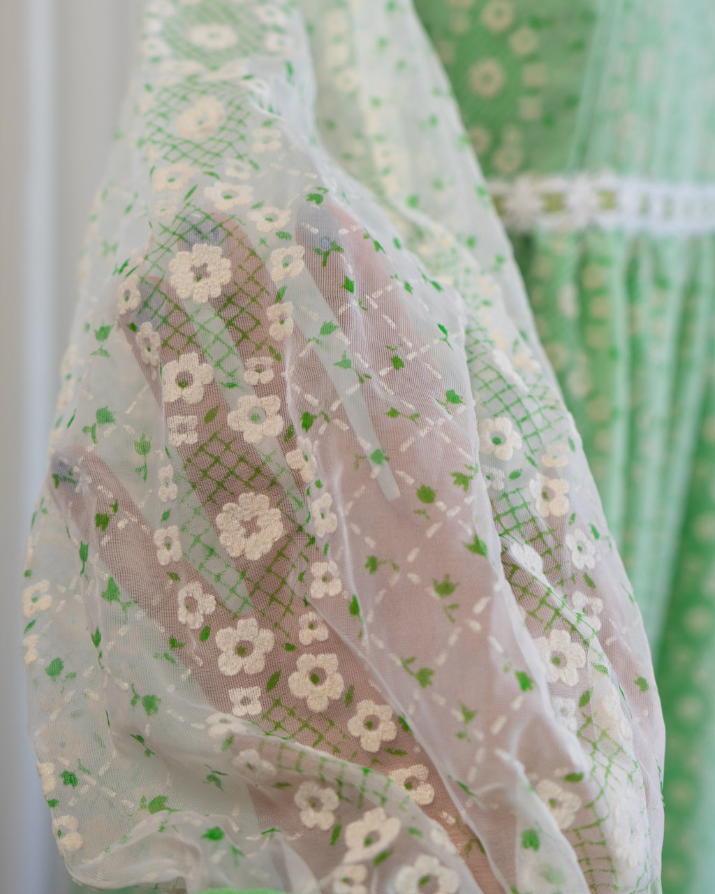 70s Embossed Flowers Velvet Trim Maxi with Sheer Sleeves