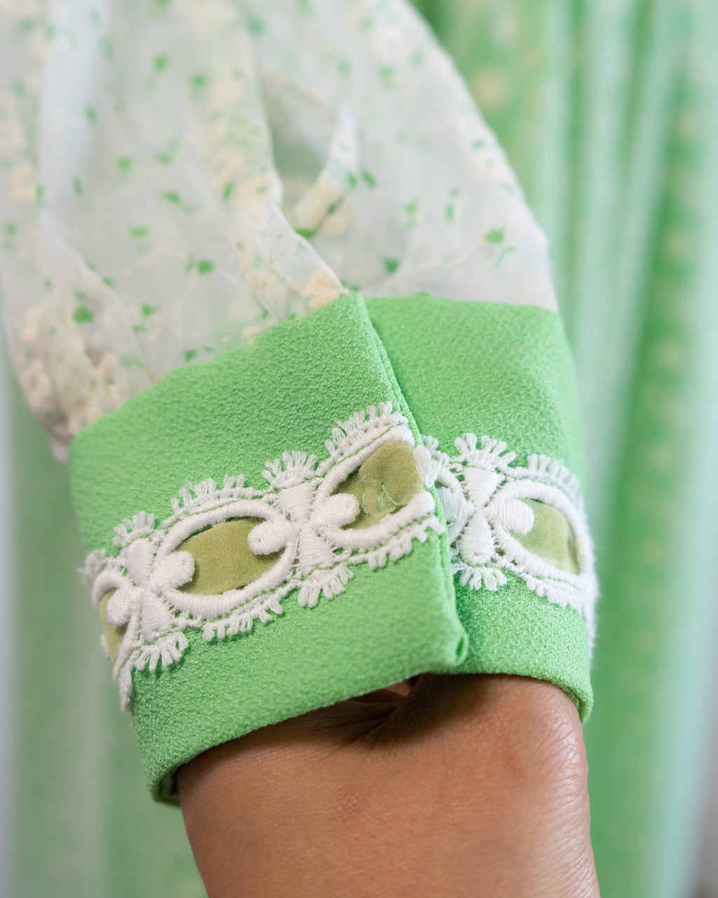 70s Embossed Flowers Velvet Trim Maxi with Sheer Sleeves