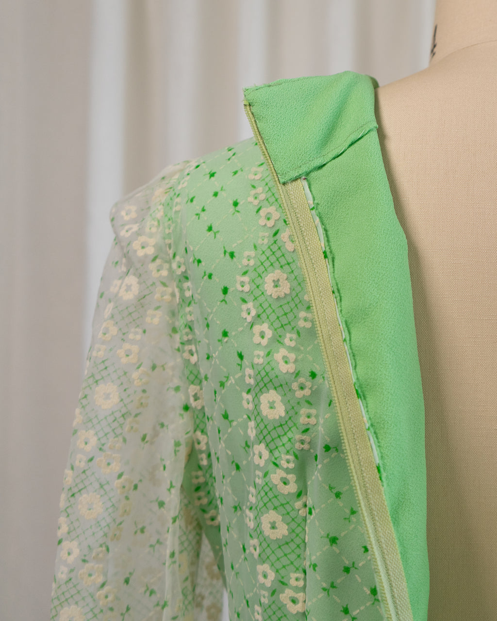 70s Embossed Flowers Velvet Trim Maxi with Sheer Sleeves