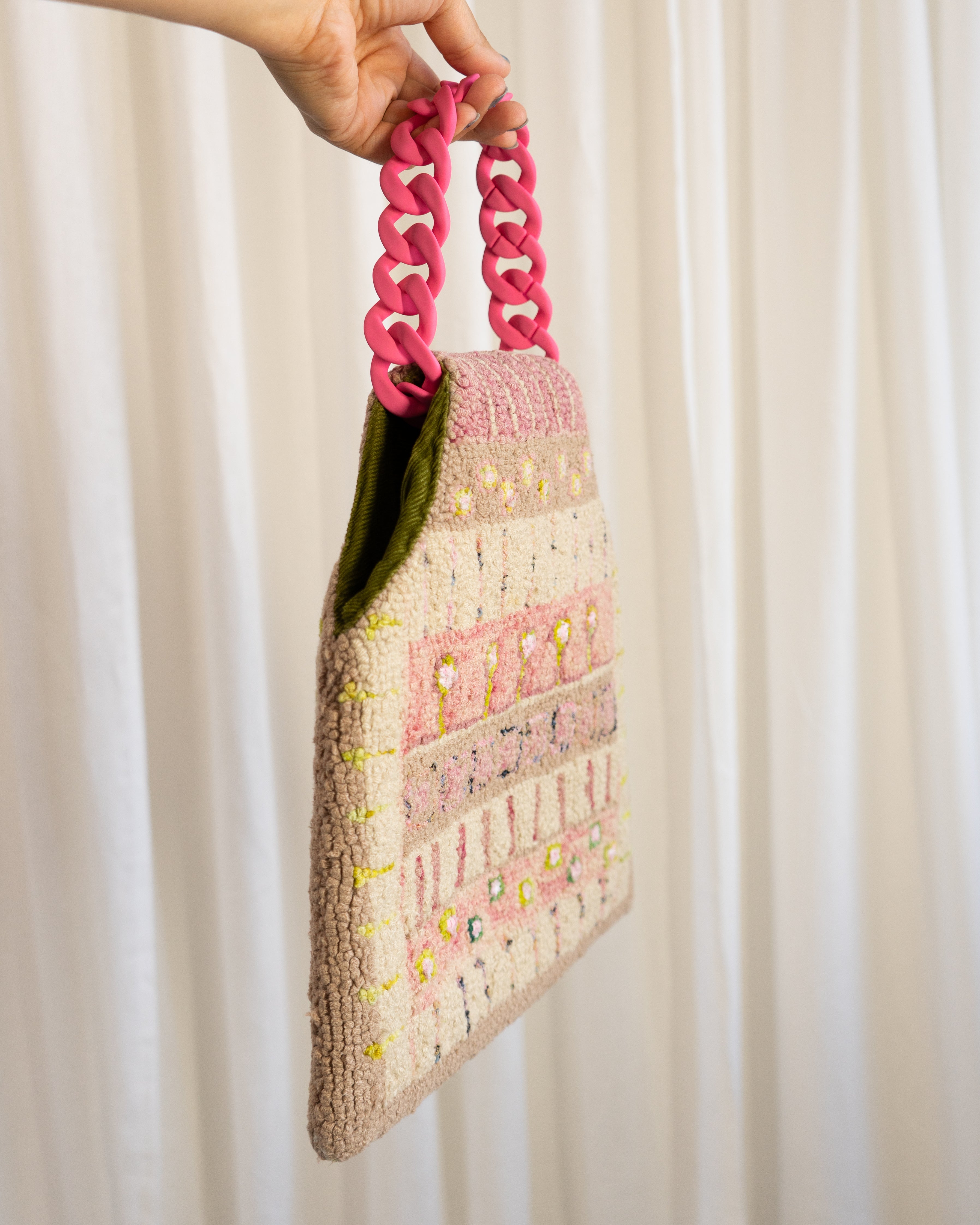 60s Handmade Punch Needle Artwork Tapestry Bag in Blush