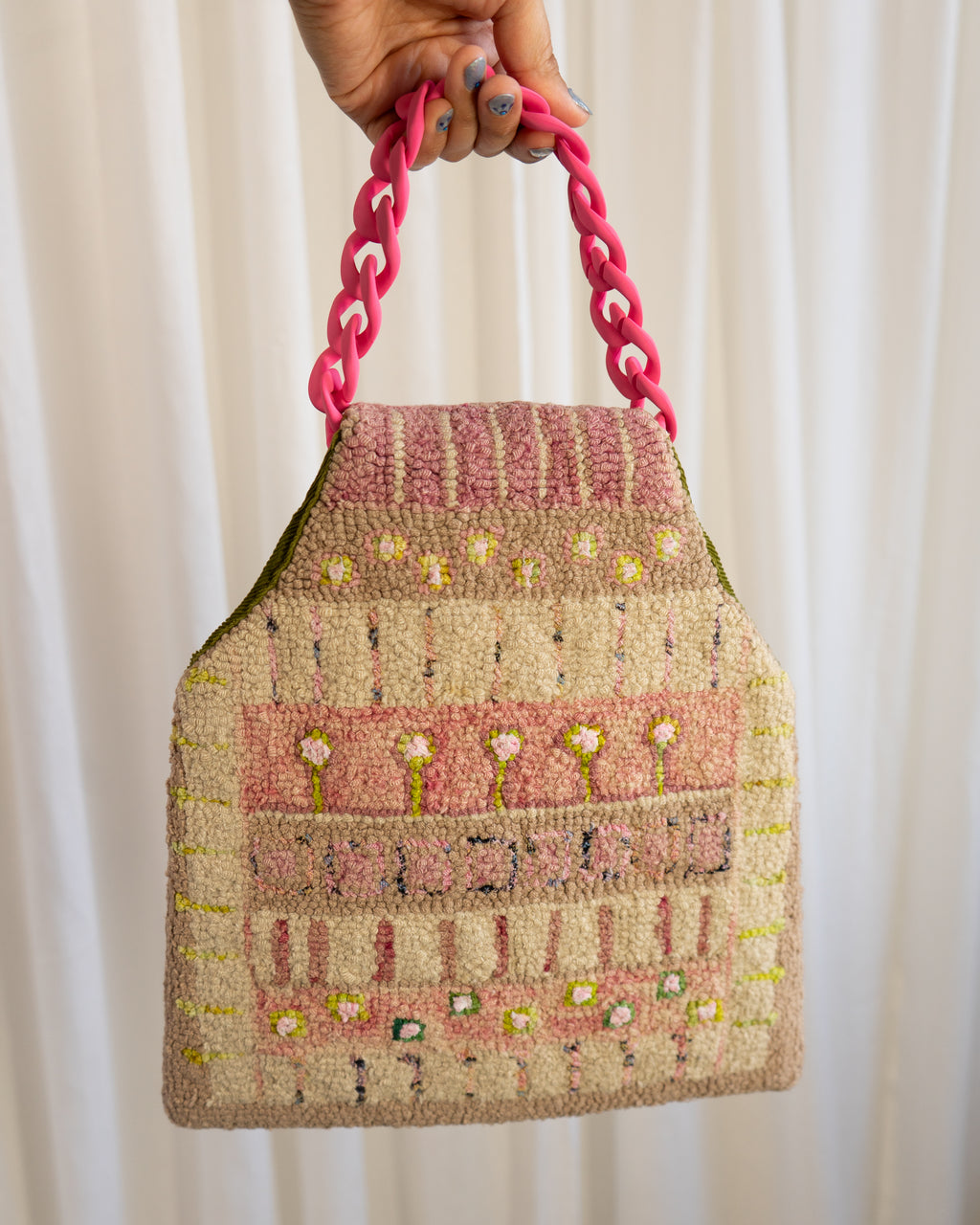 60s Handmade Punch Needle Artwork Tapestry Bag in Blush