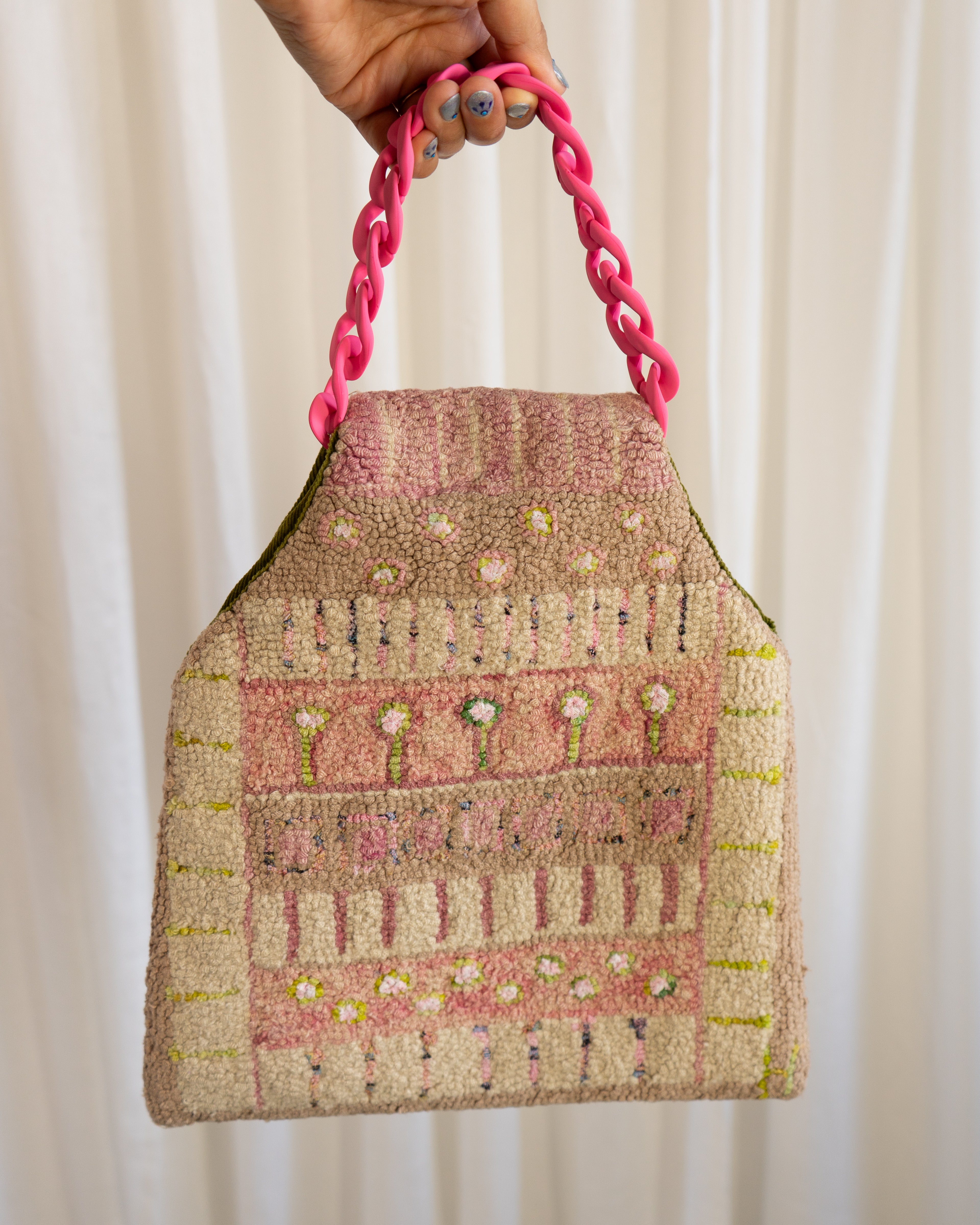 60s Handmade Punch Needle Artwork Tapestry Bag in Blush