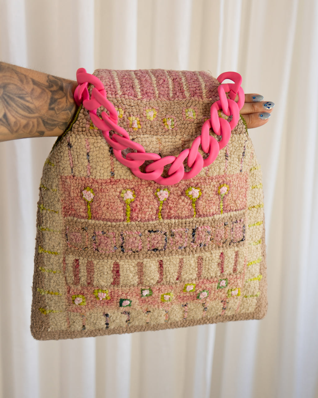 60s Handmade Punch Needle Artwork Tapestry Bag in Blush