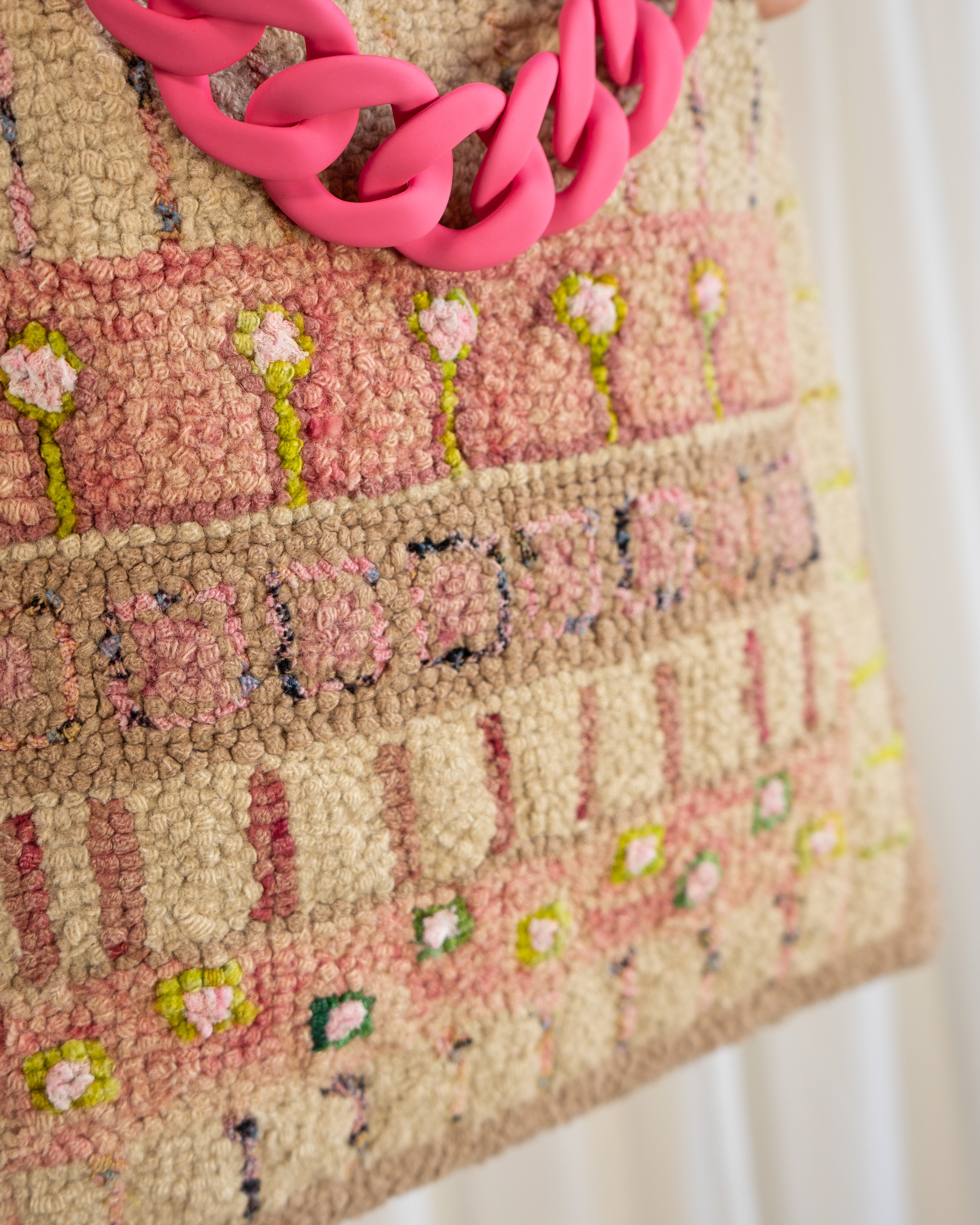 60s Handmade Punch Needle Artwork Tapestry Bag in Blush