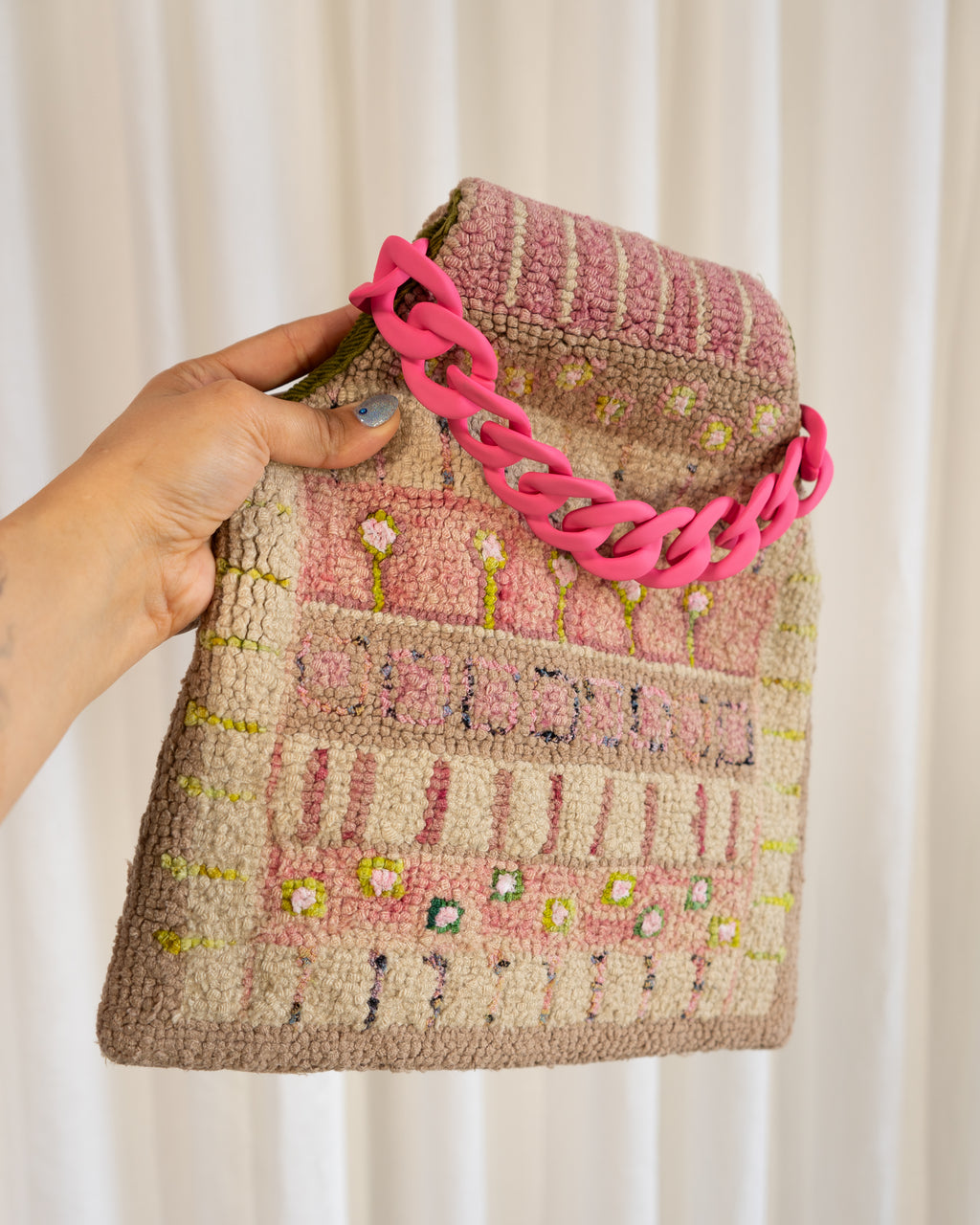 60s Handmade Punch Needle Artwork Tapestry Bag in Blush