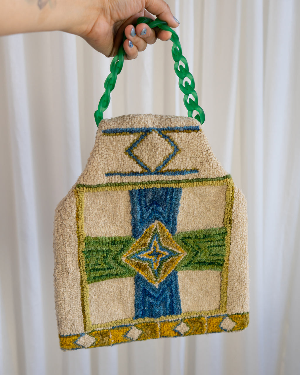 60s Handmade Punch Needle Artwork Tapestry Bag in Kelly Green