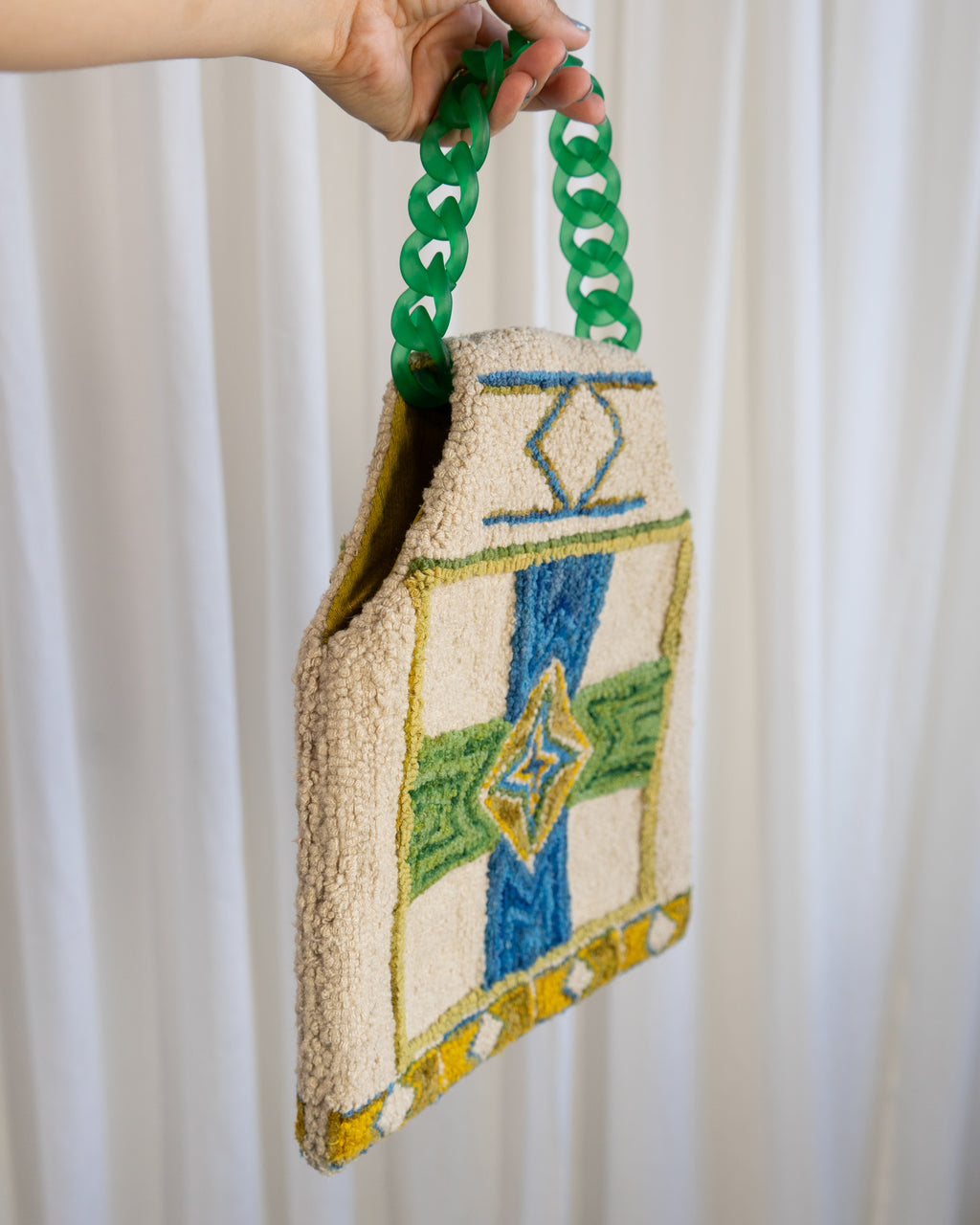 60s Handmade Punch Needle Artwork Tapestry Bag in Kelly Green