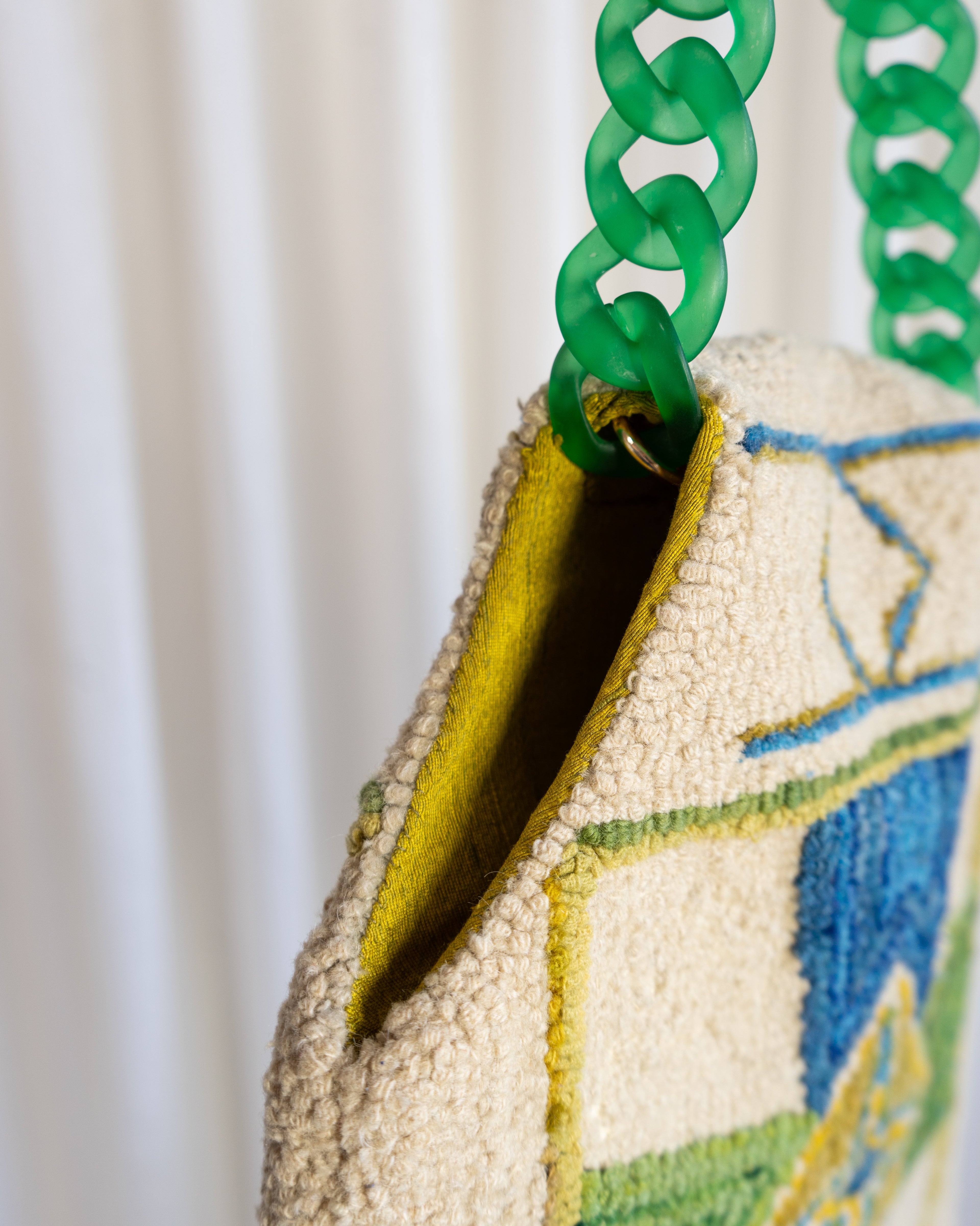 60s Handmade Punch Needle Artwork Tapestry Bag in Kelly Green