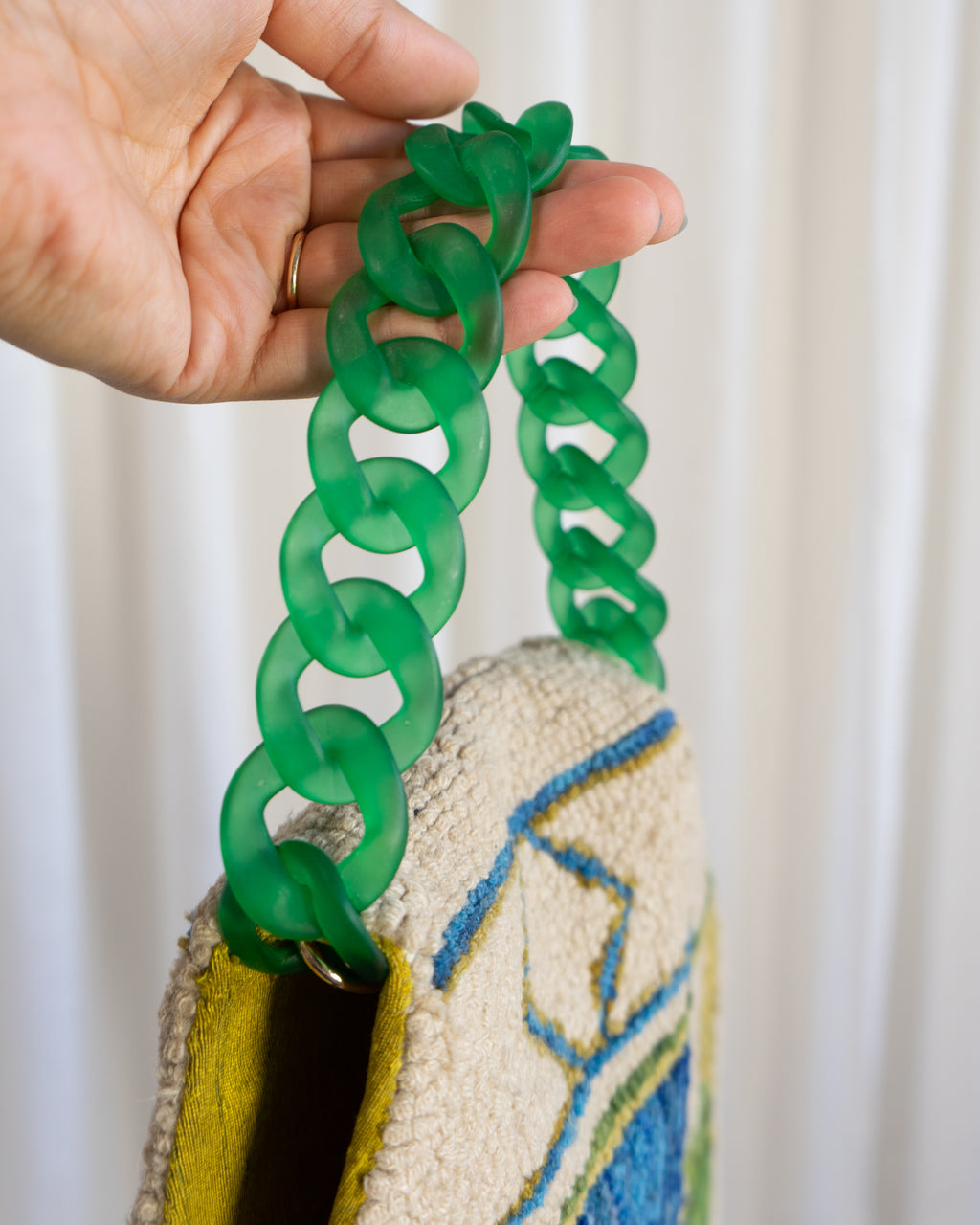 60s Handmade Punch Needle Artwork Tapestry Bag in Kelly Green