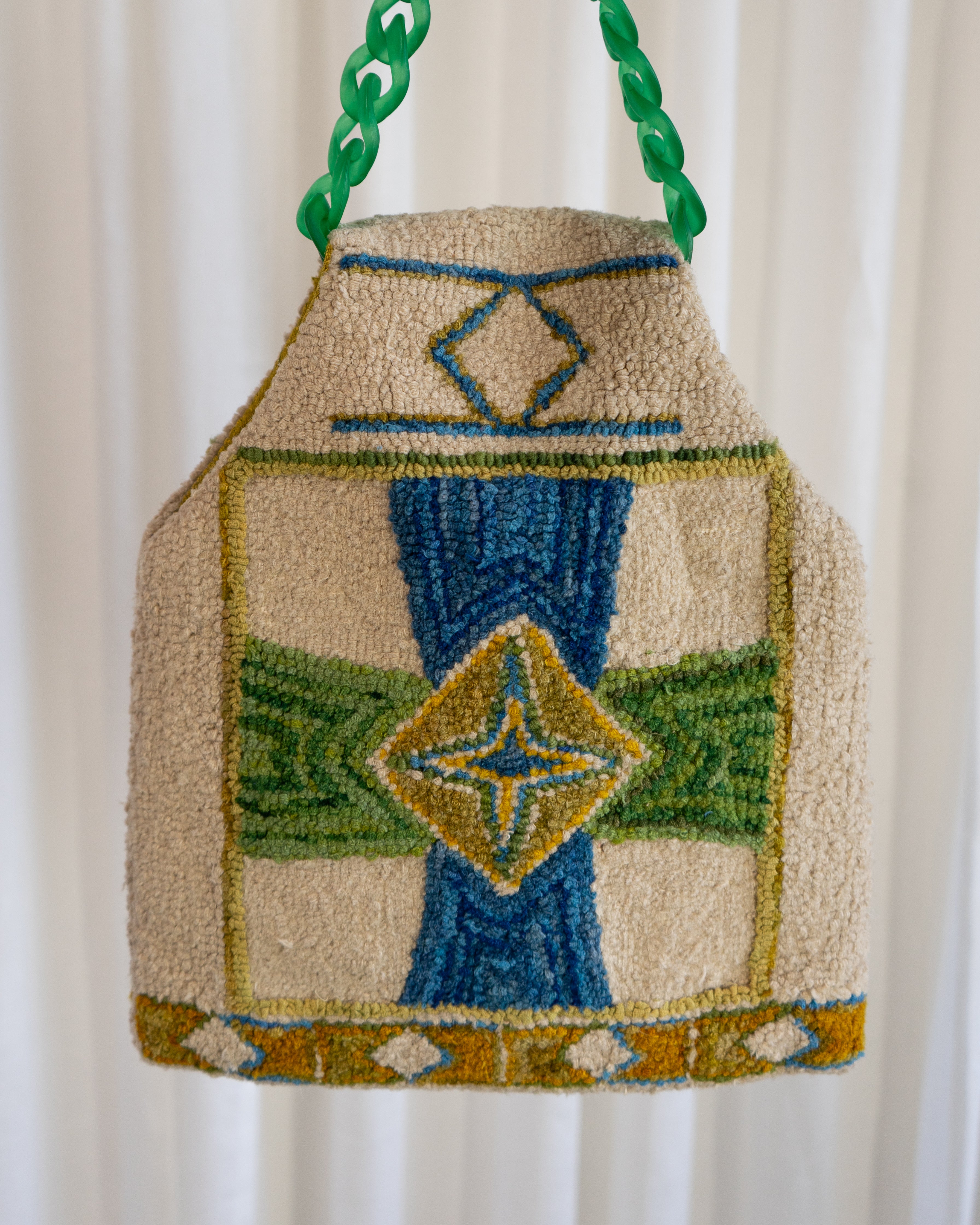 60s Handmade Punch Needle Artwork Tapestry Bag in Kelly Green