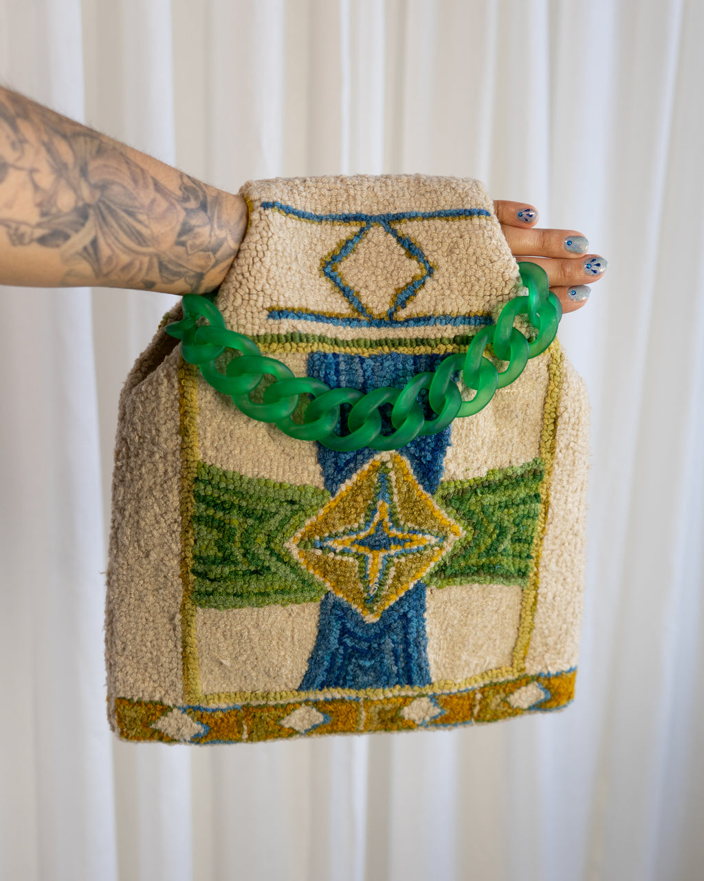 60s Handmade Punch Needle Artwork Tapestry Bag in Kelly Green