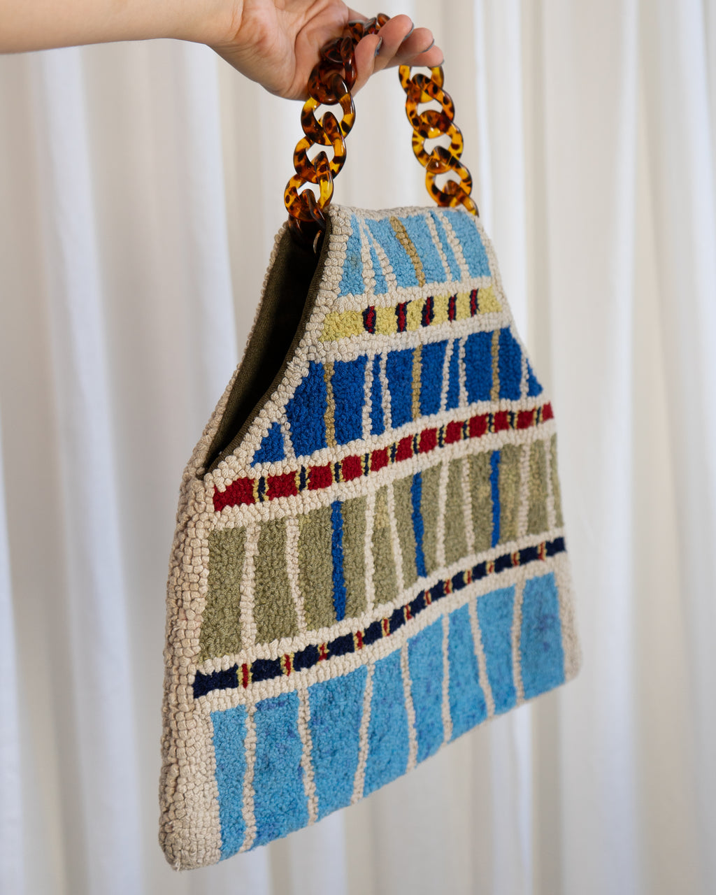 60s Handmade Punch Needle Artwork Tapestry Bag in Stripes