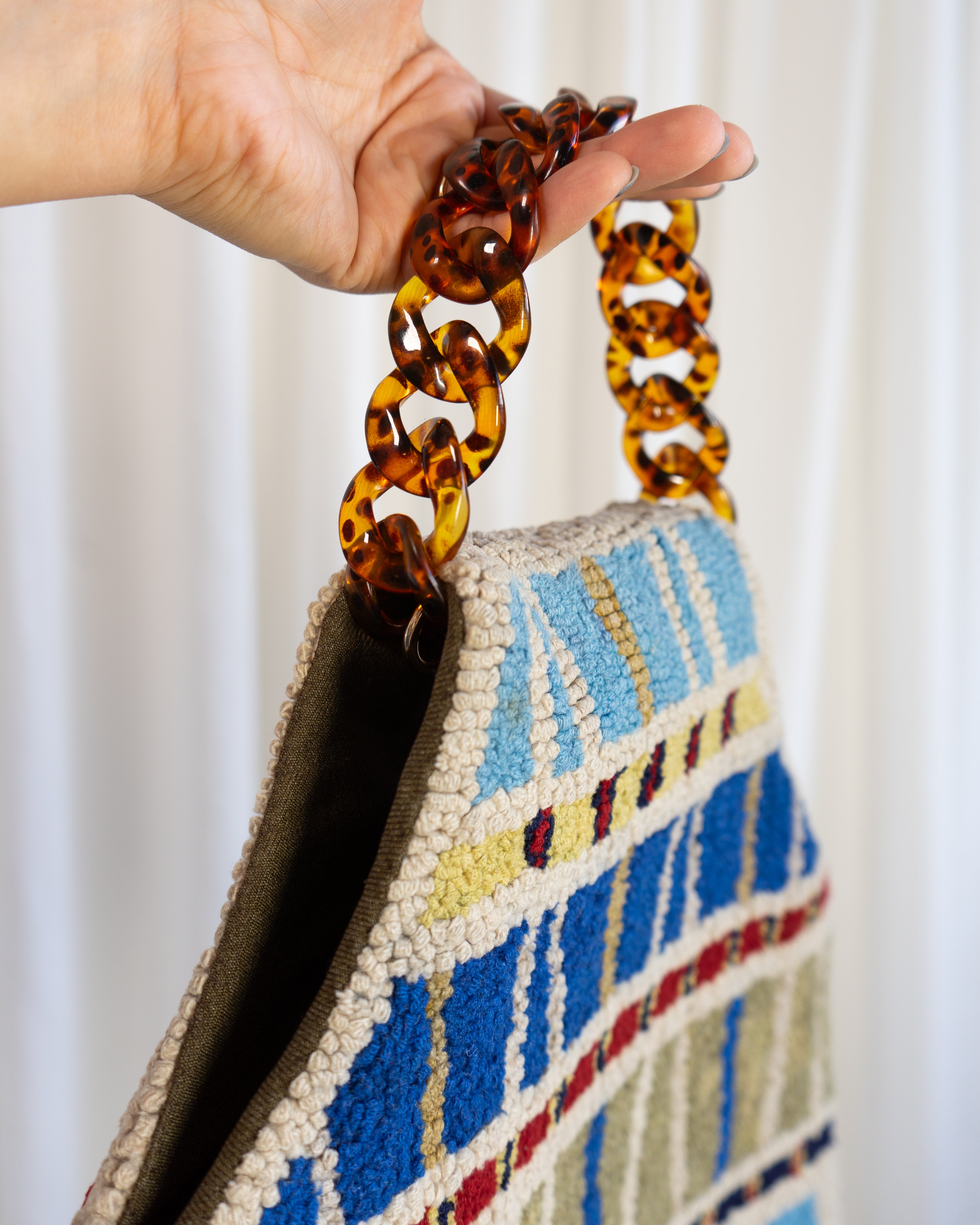 60s Handmade Punch Needle Artwork Tapestry Bag in Stripes