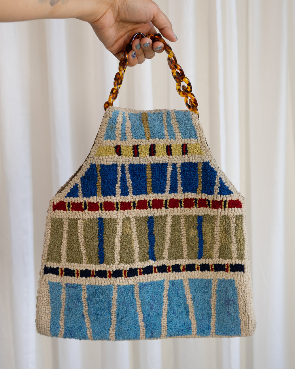60s Handmade Punch Needle Artwork Tapestry Bag in Stripes