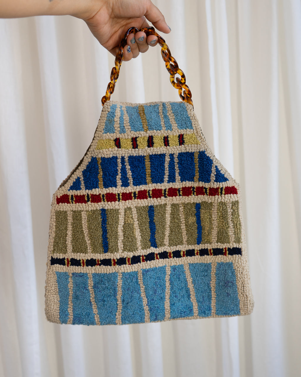 60s Handmade Punch Needle Artwork Tapestry Bag in Stripes