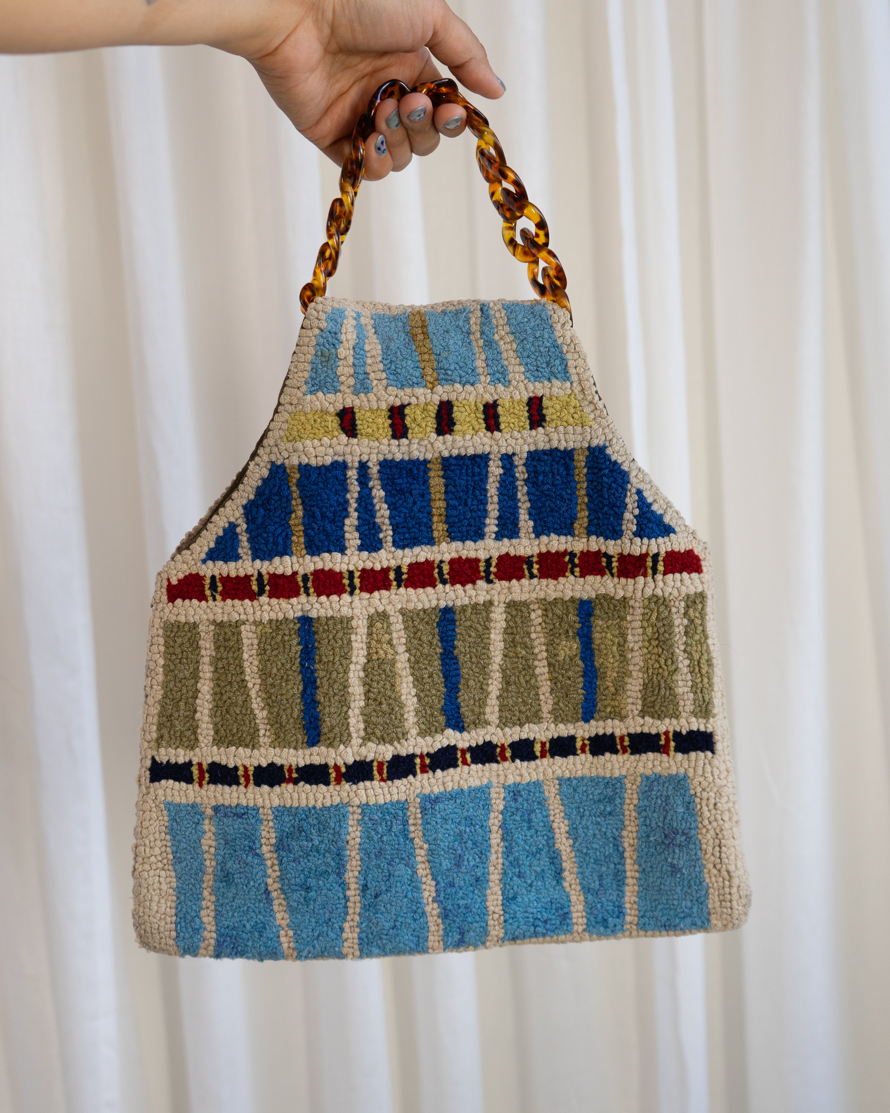 60s Handmade Punch Needle Artwork Tapestry Bag in Stripes