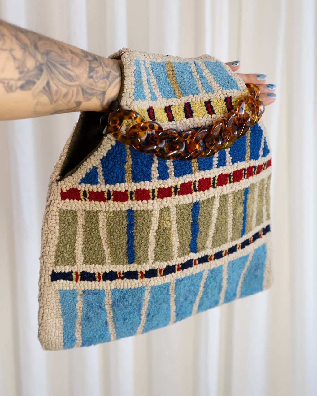60s Handmade Punch Needle Artwork Tapestry Bag in Stripes