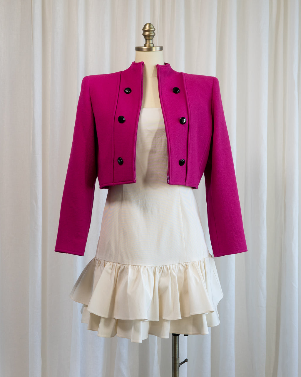 1980s Valentino Boutique Fuchsia Cropped Zip Up Military Jacket