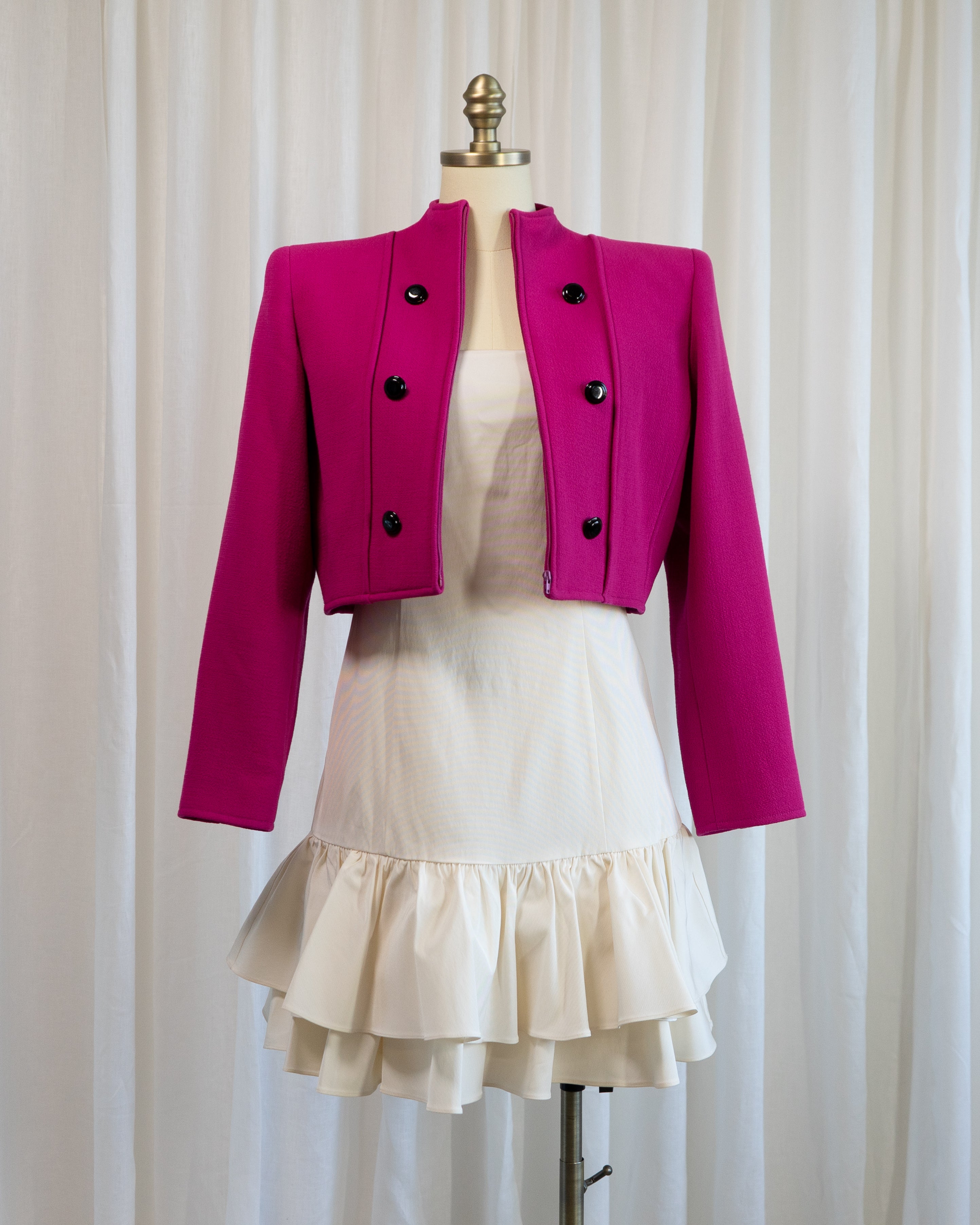 1980s Valentino Boutique Fuchsia Cropped Zip Up Military Jacket