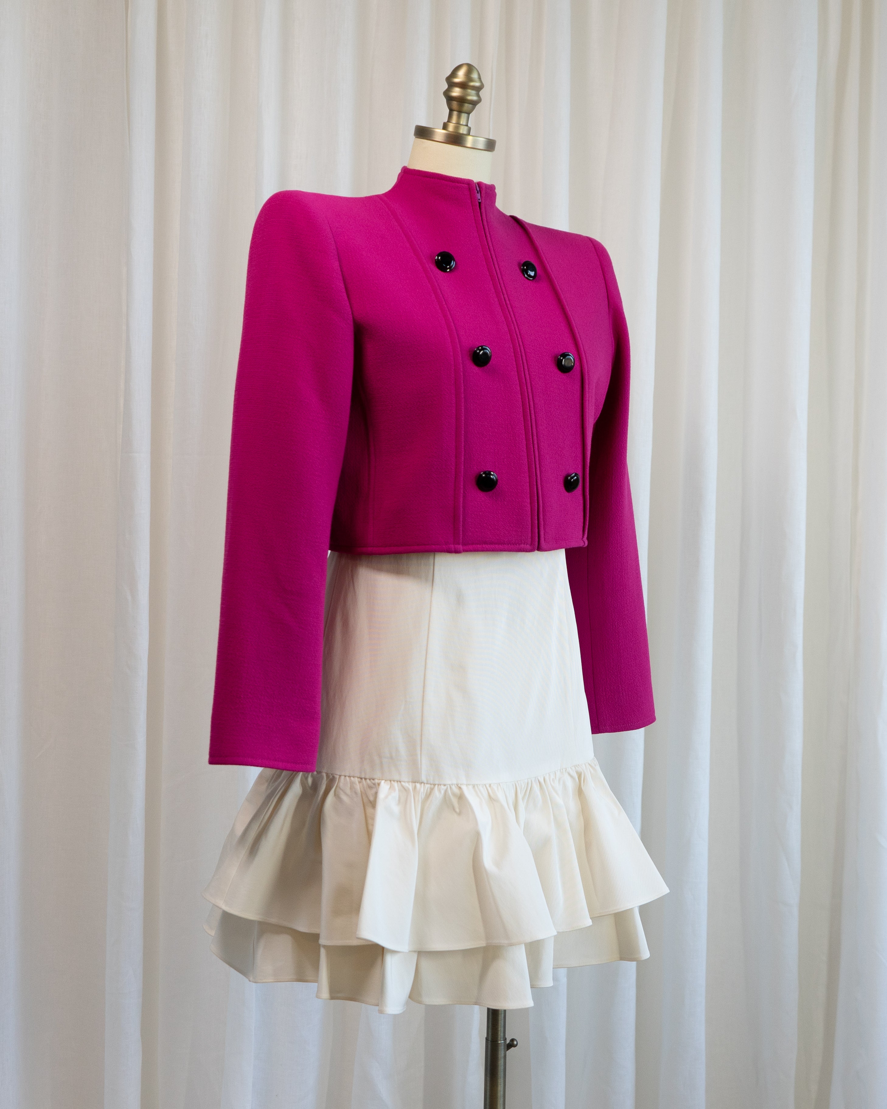 1980s Valentino Boutique Fuchsia Cropped Zip Up Military Jacket