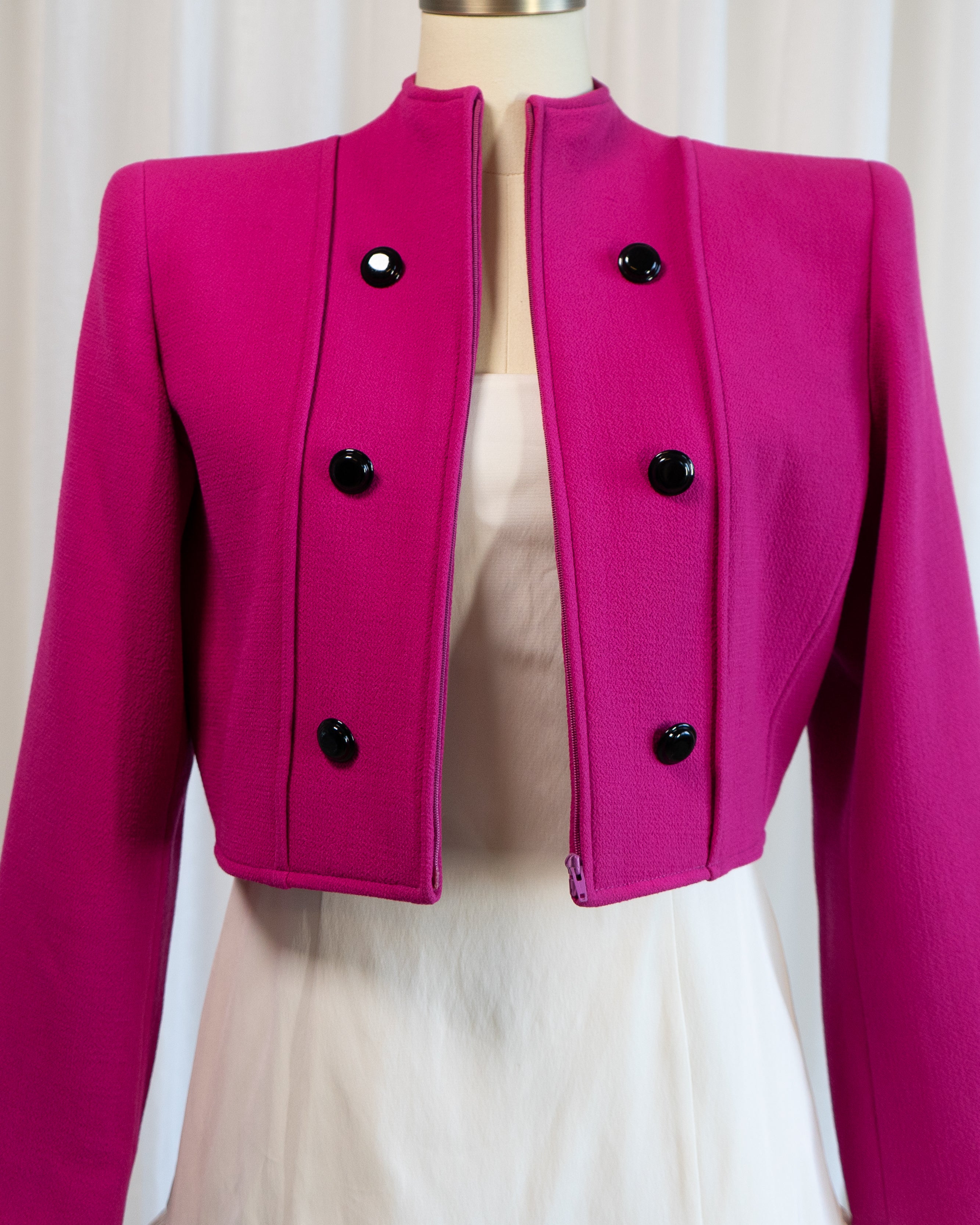 1980s Valentino Boutique Fuchsia Cropped Zip Up Military Jacket